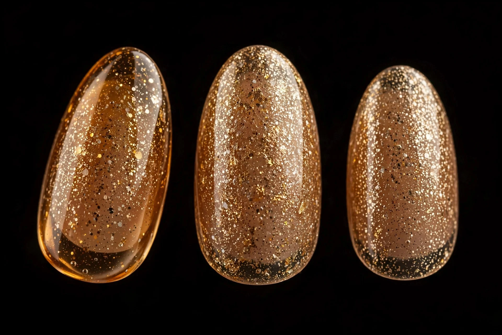Almond nails in amber gel with champagne gold glitter overlay, dark background