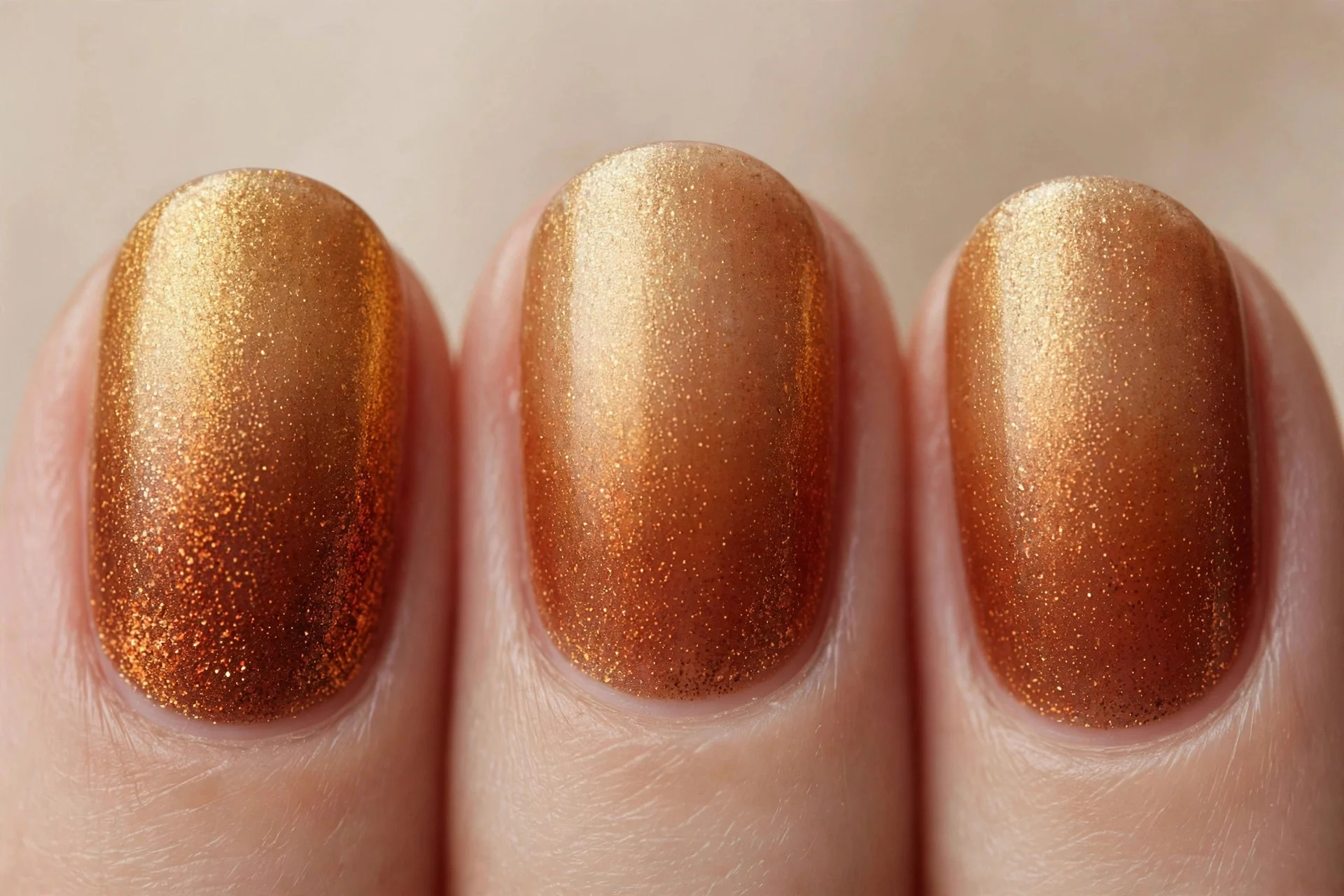 Short oval nails with gold-to-burnt-amber shimmer gradient, beige background