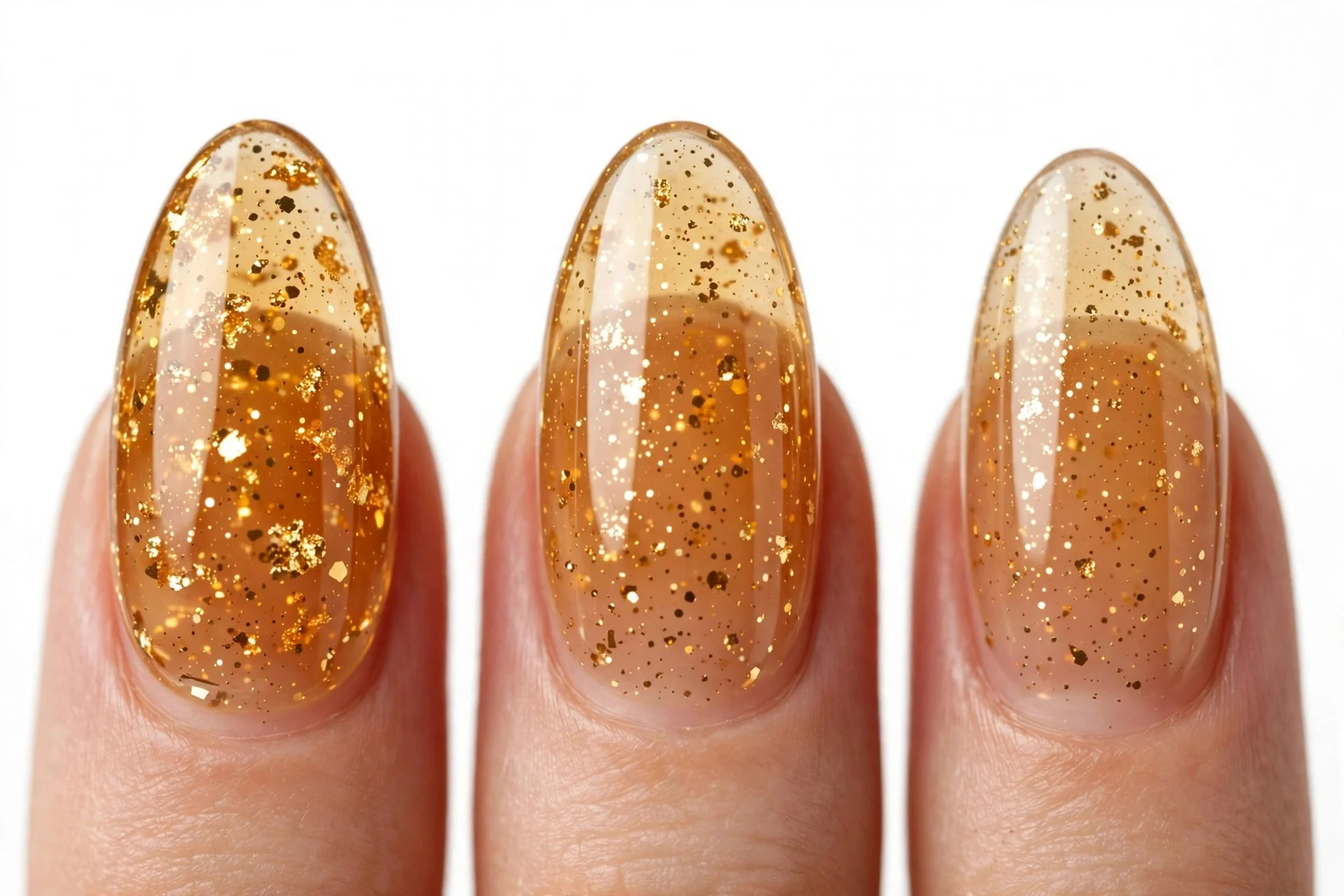 Almond nails with translucent amber jelly and suspended gold glitter, white background