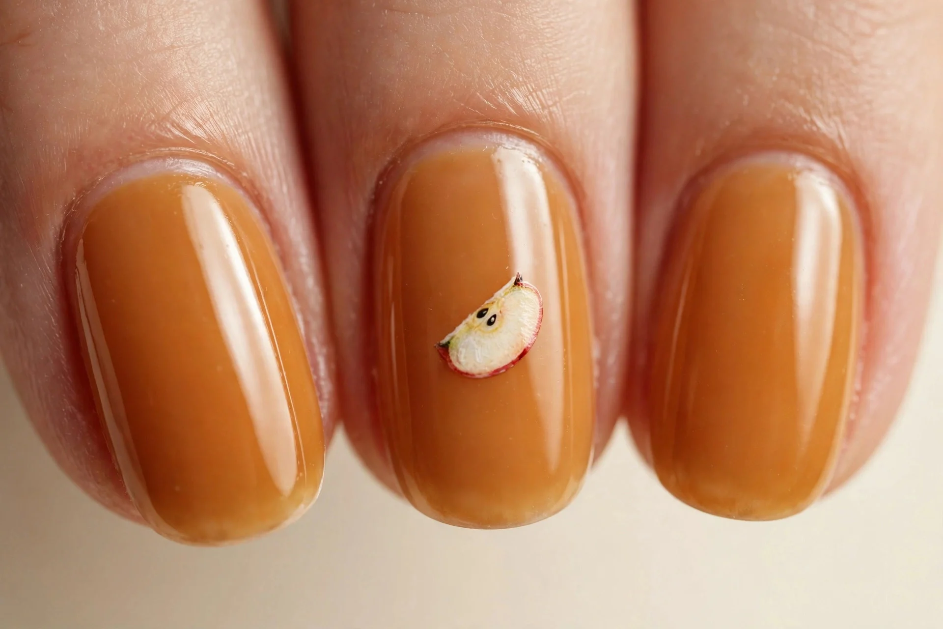 Cider-amber nails with tiny hand-painted apple slice art on accent nails, cream background