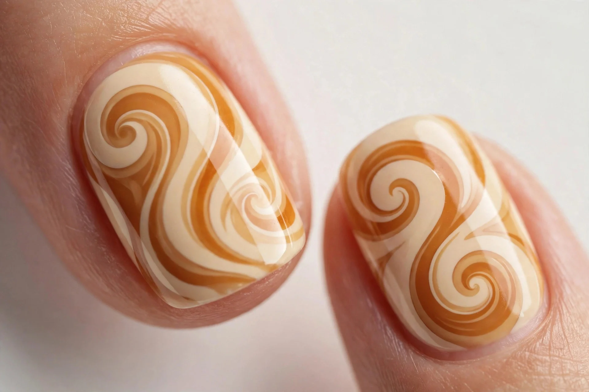 Nude nails with retro swirls in cream caramel and amber, light background