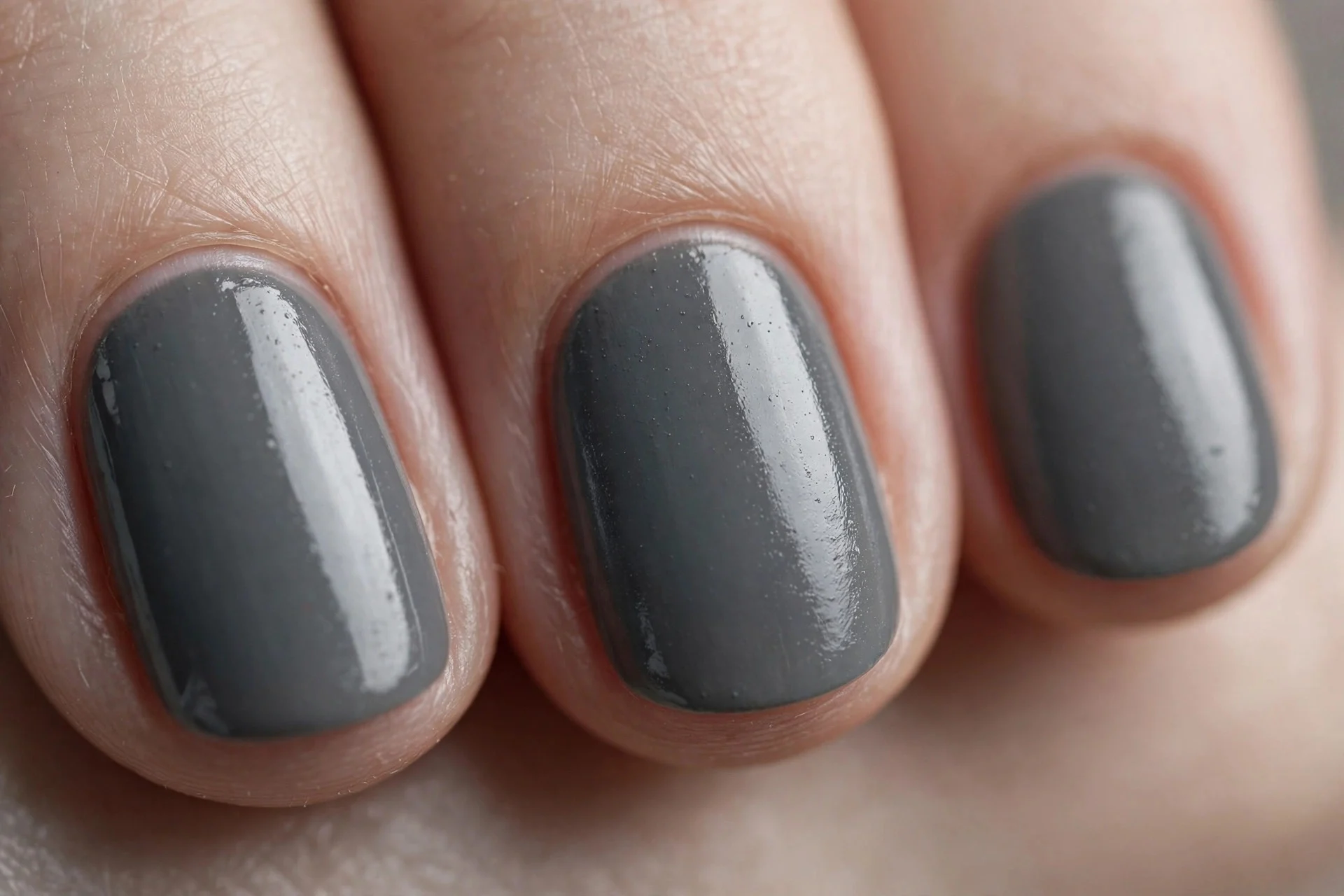 Stormy grey polish, short oval nails
