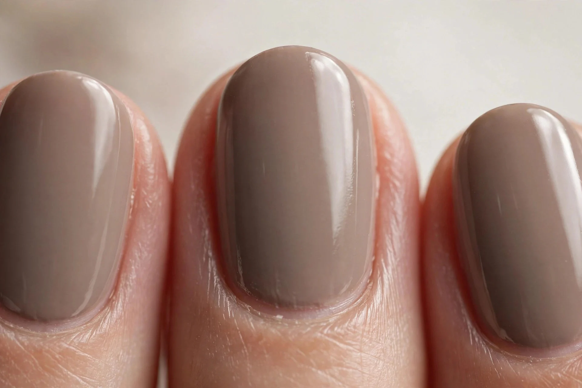 Mushroom taupe polish, oval nails
