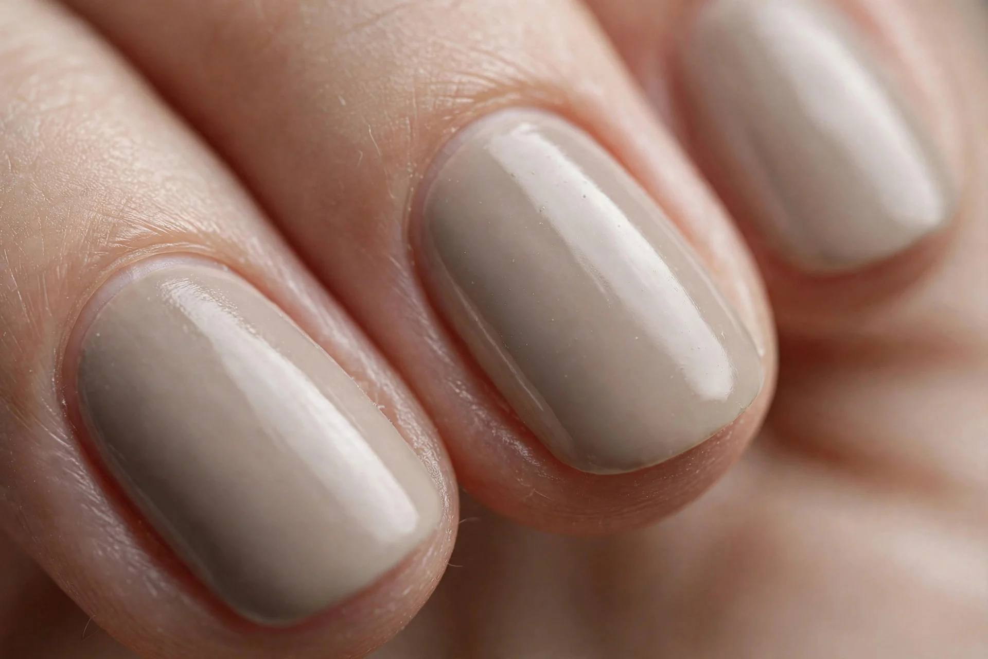 Cosy greige polish, short almond nails