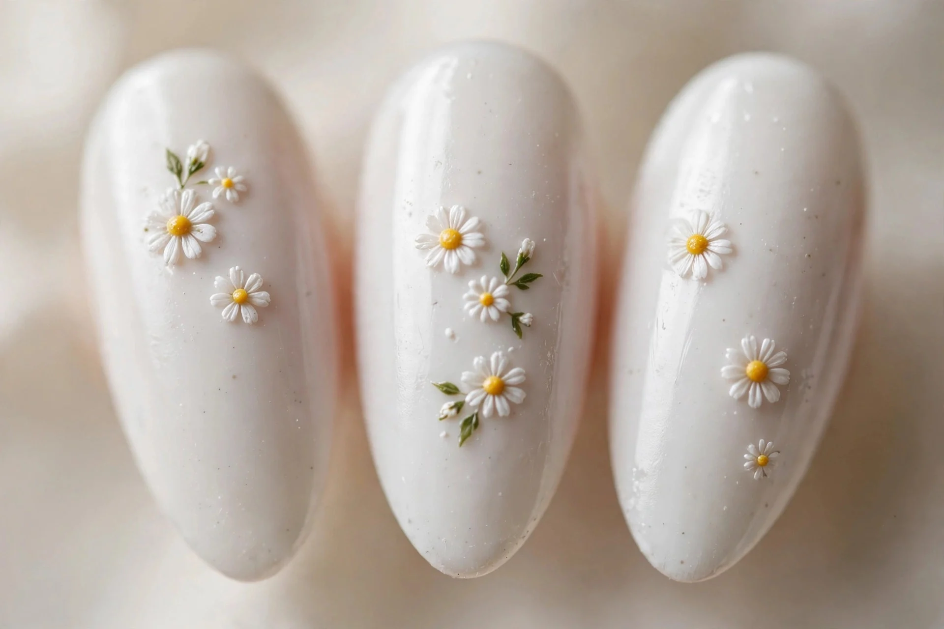 White nails with tiny daisy art, almond