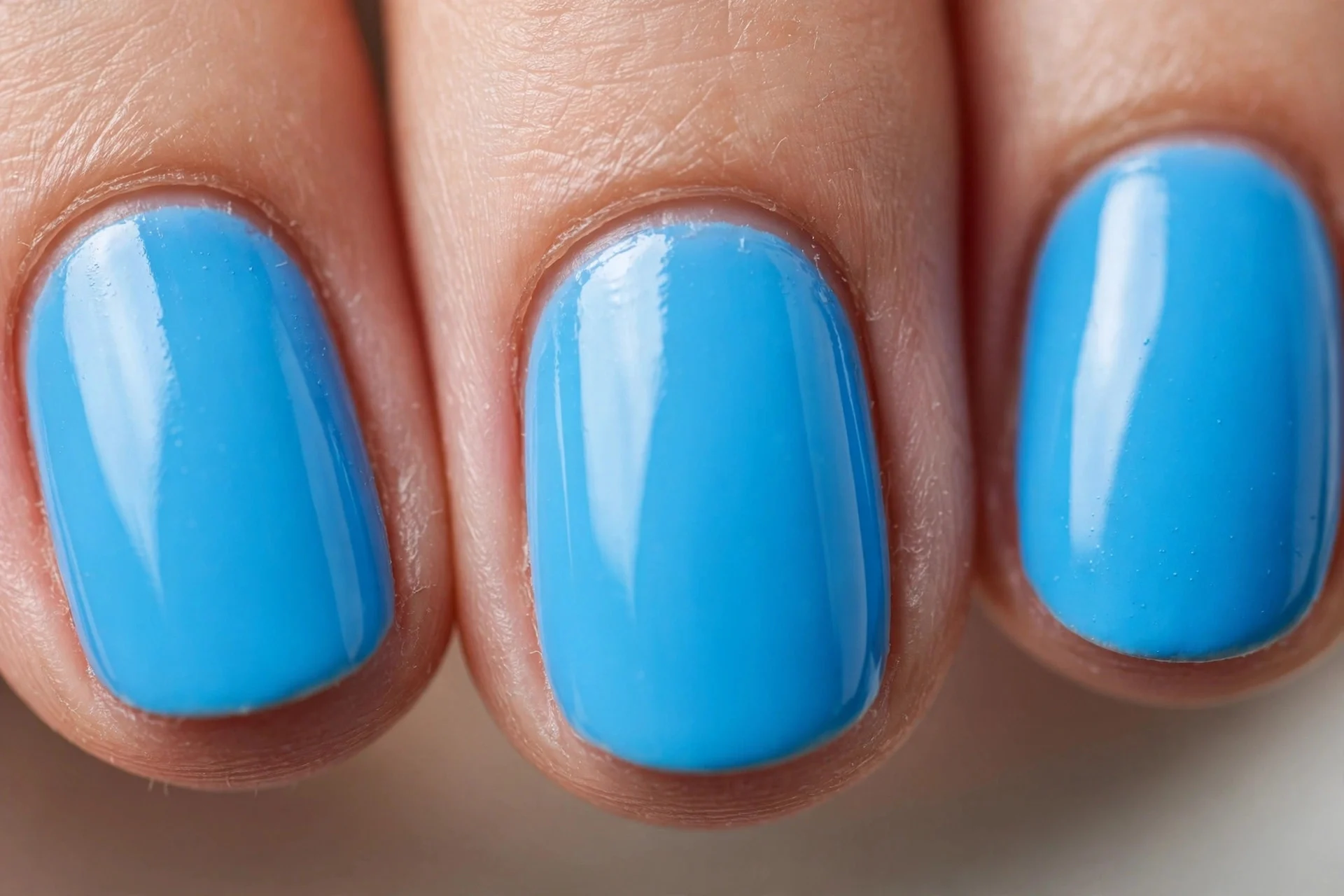 Bright sky blue polish, oval nails