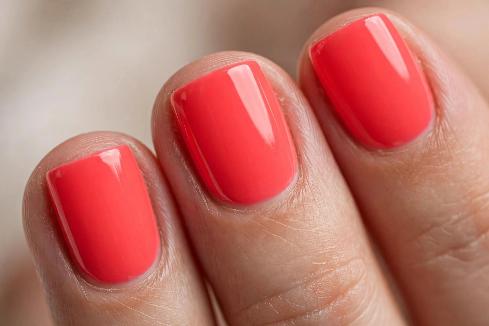 Bright coral polish, short square nails