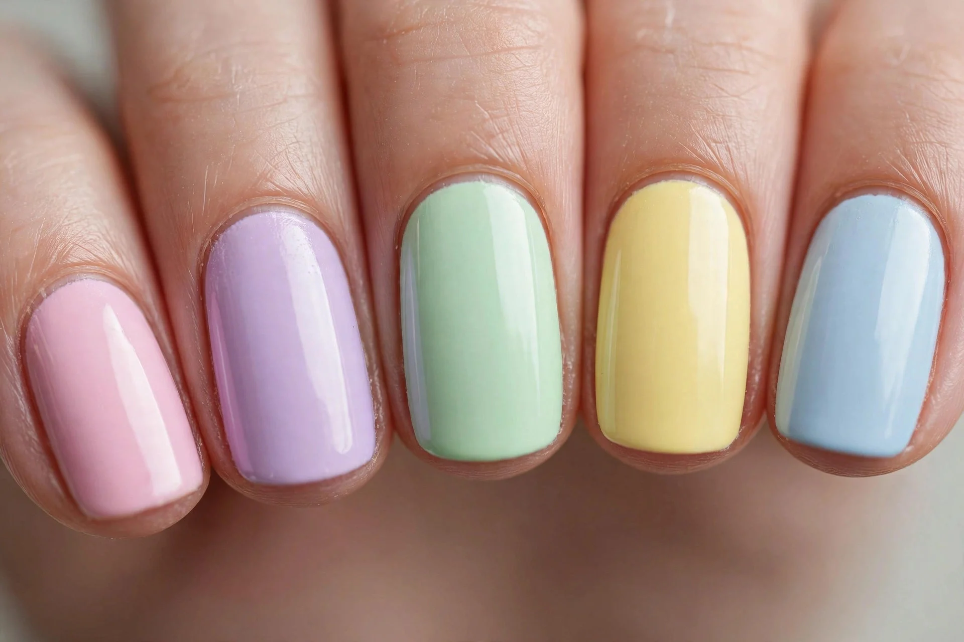 Five nails in different pastel shades