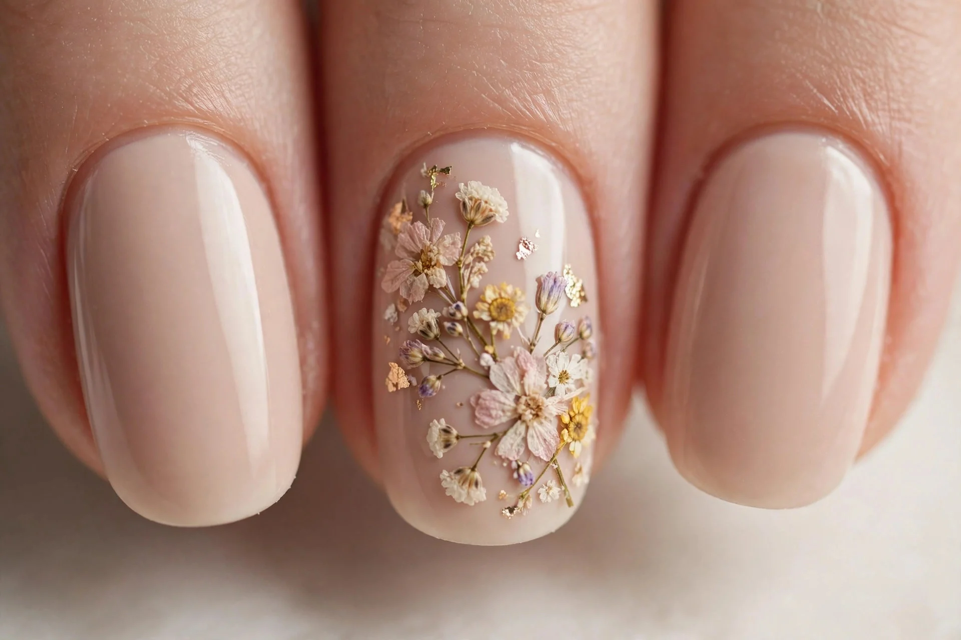 Nude nails with floral accent nail