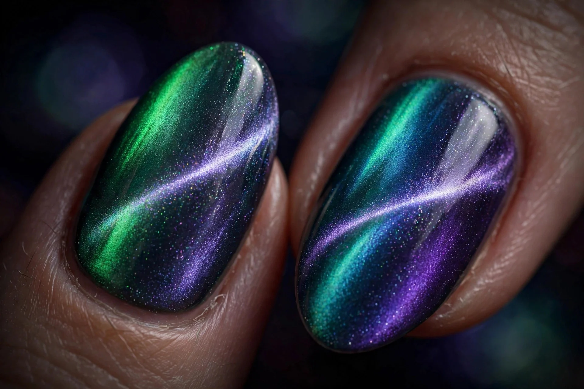 Extreme macro of two almond fingernails in green-to-purple aurora cat-eye gel with a wide blooming color-shifting band, north