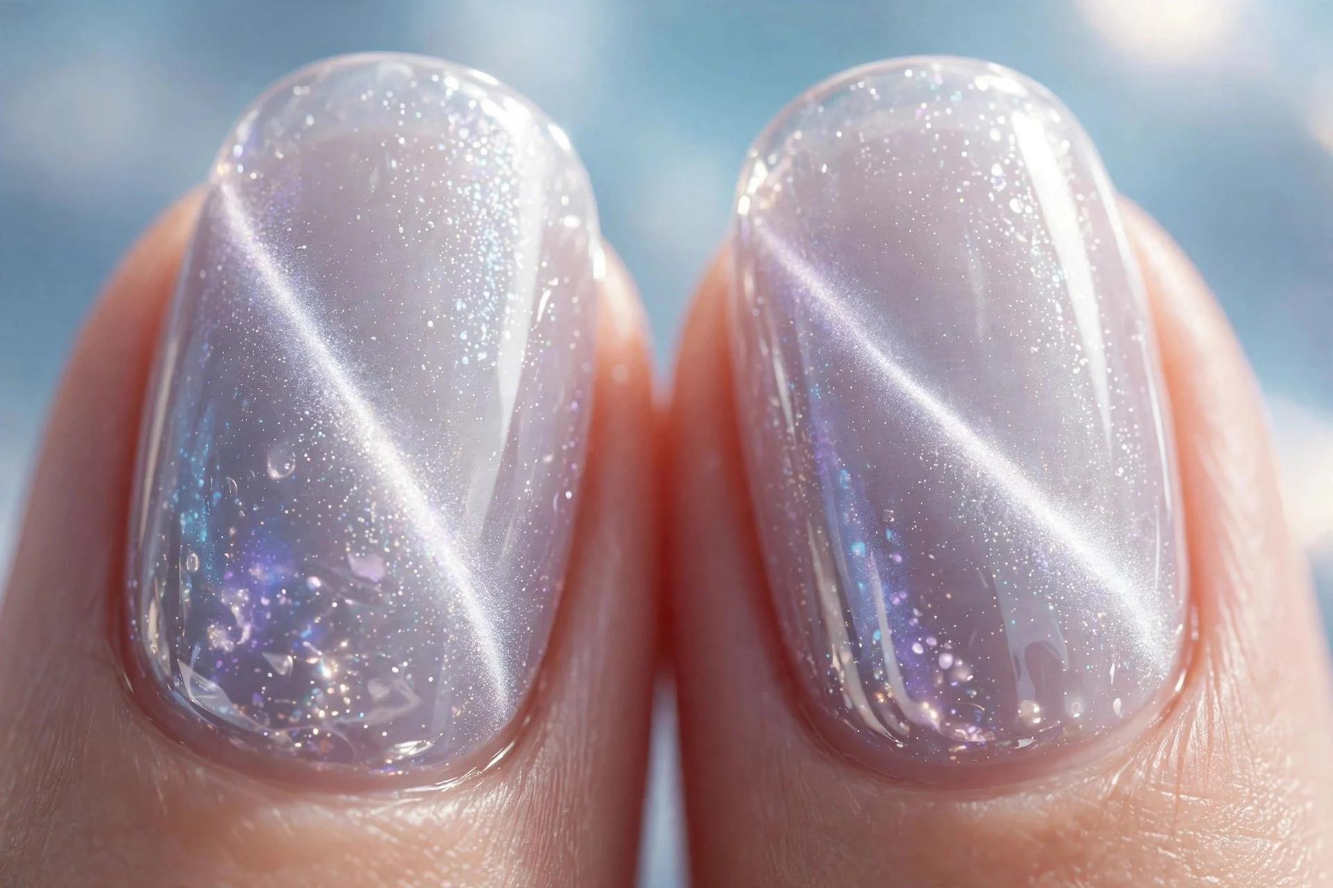 Extreme macro of two fingernails in pale silver-lilac aurora cat-eye gel under double glossy top coat, submerged glassy glow