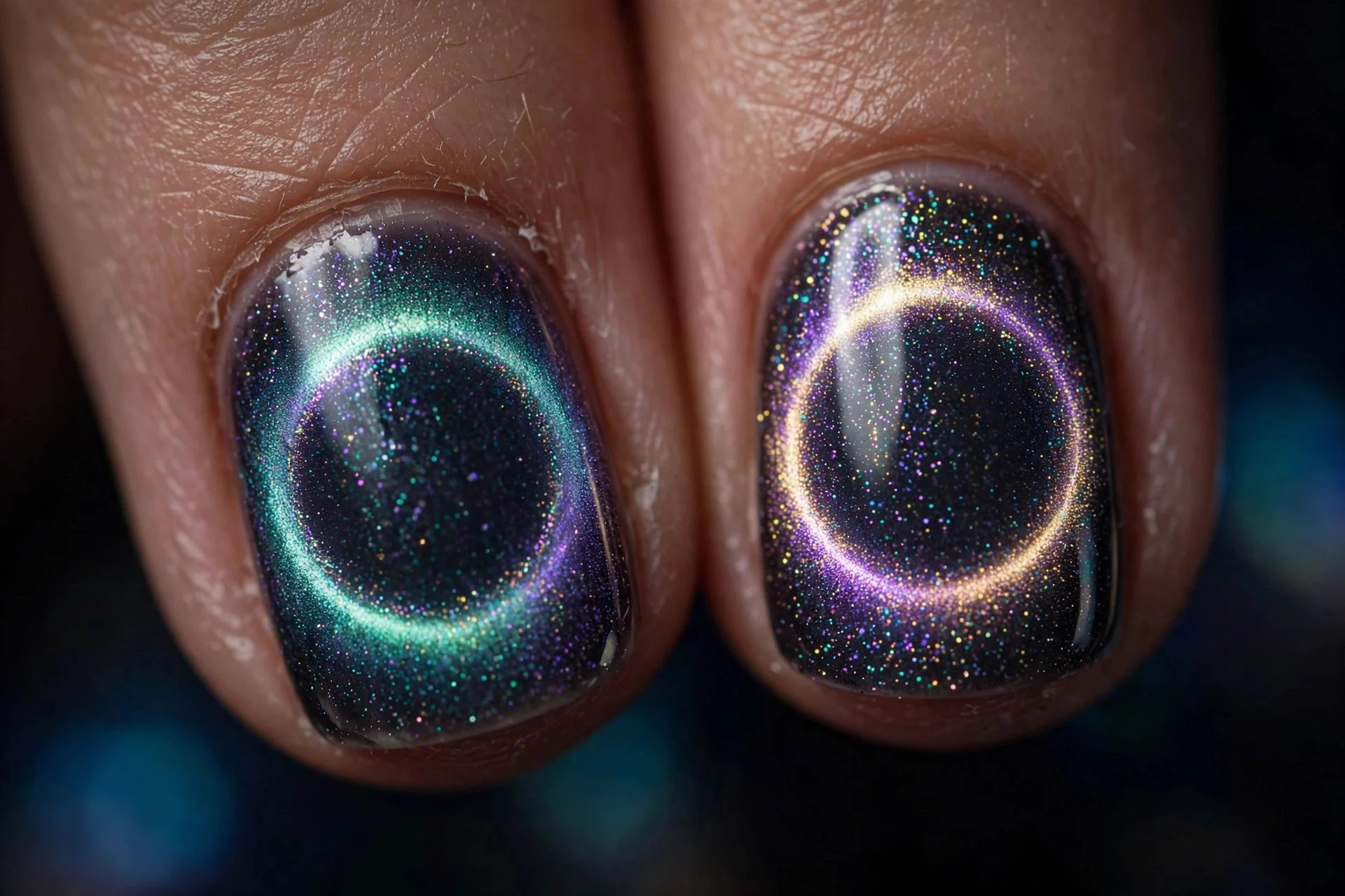 Extreme macro of two wide fingernails in aurora cat-eye gel with a glowing circular halo ring formation, eclipse effect