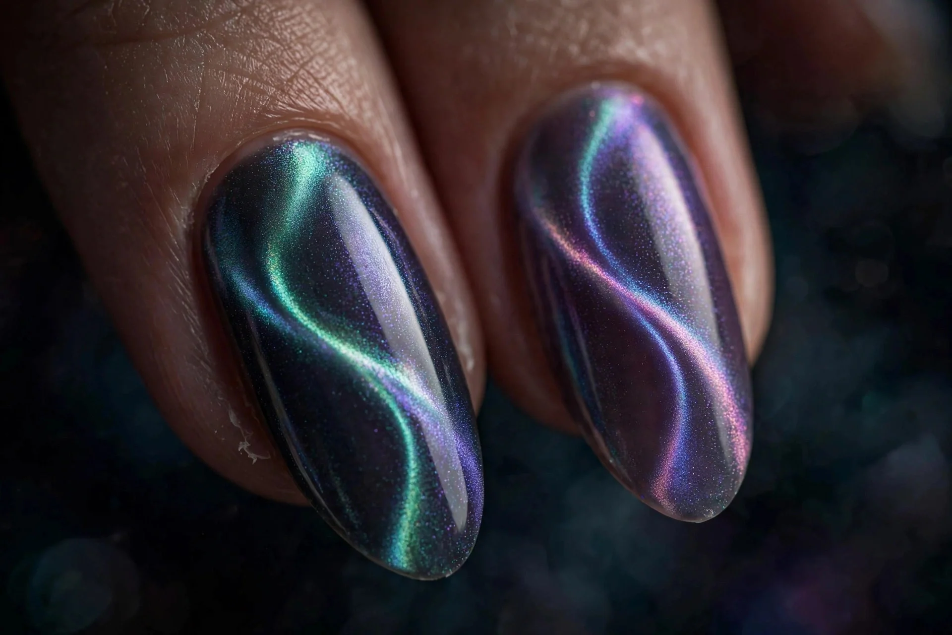 Extreme macro of two long fingernails in aurora cat-eye gel with an S-curved magnetic ribbon, artistic flowing effect