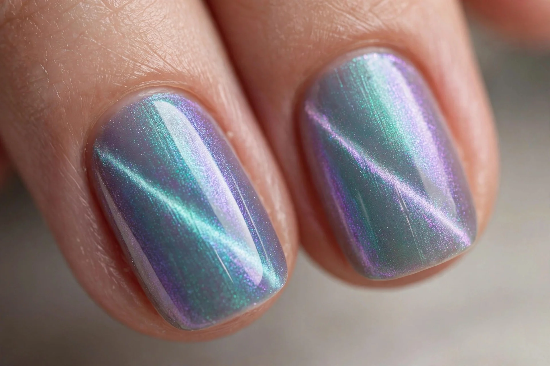 Extreme macro of two fingernails in aurora cat-eye gel with a soft diagonal slash of shimmer, dynamic angled effect