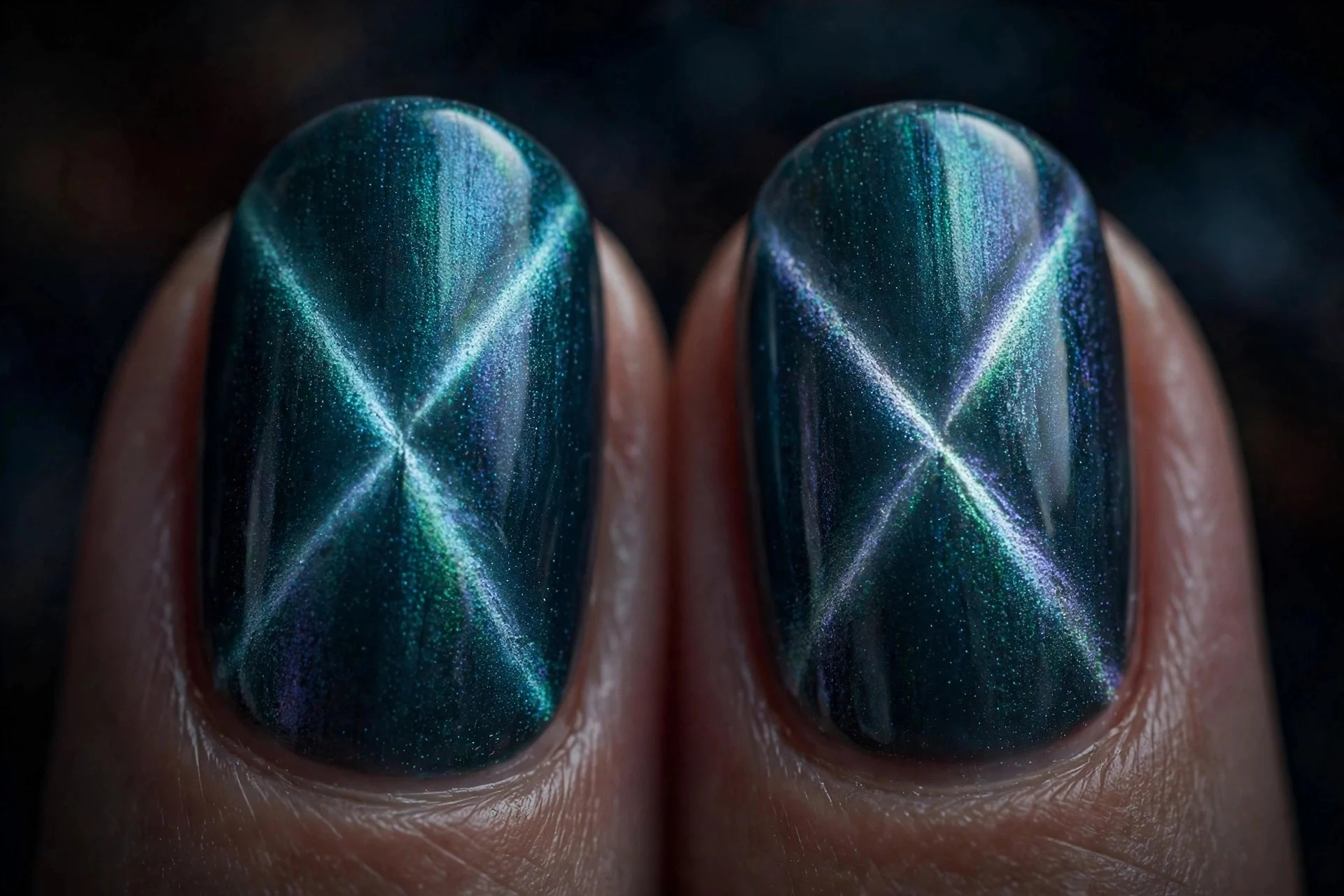 Extreme macro of two fingernails in aurora cat-eye gel with two crossing magnetic bands forming quadrants, layered depth