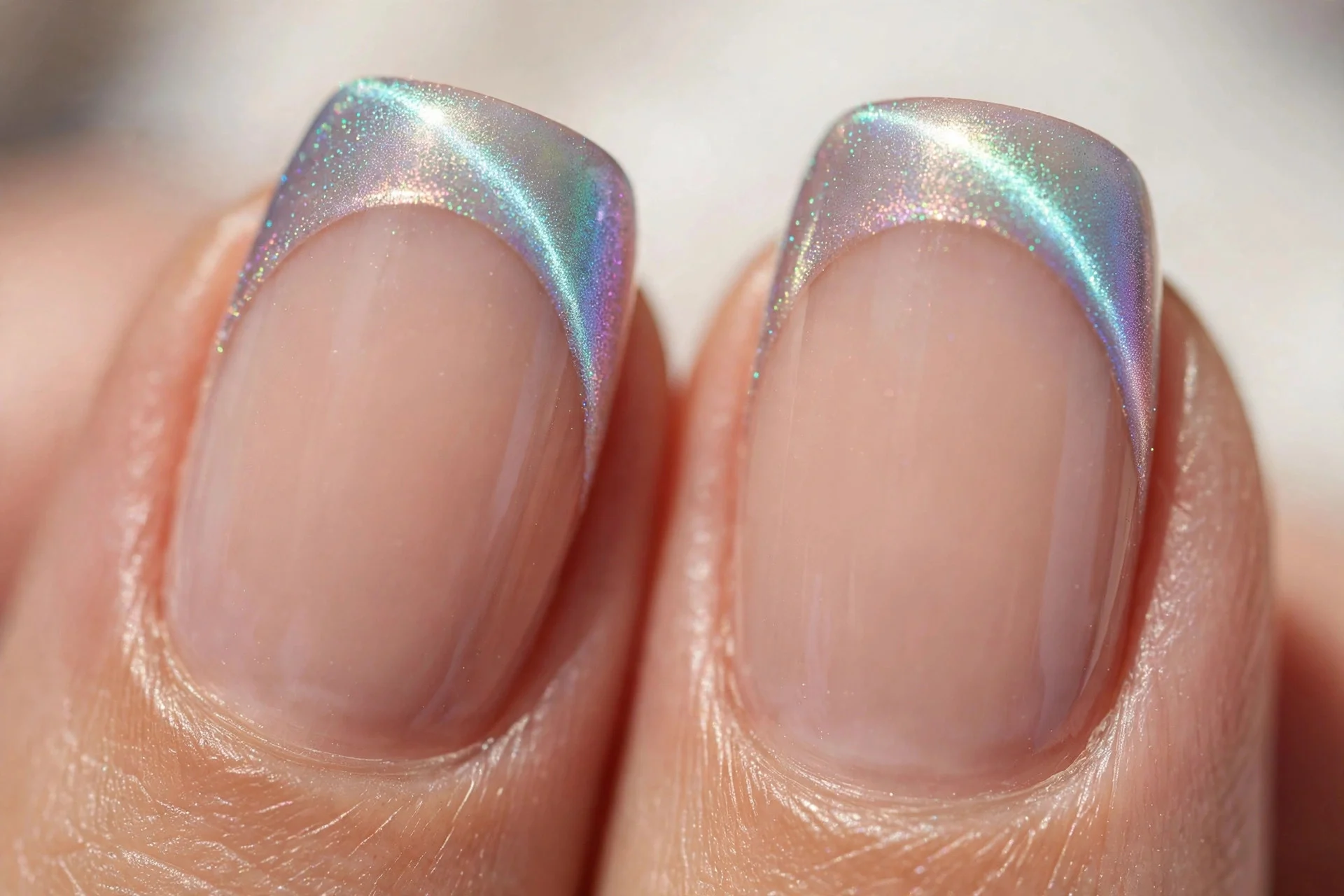 Extreme macro of two fingernails with sheer nude bases and aurora cat-eye French tips glowing softly, modern design