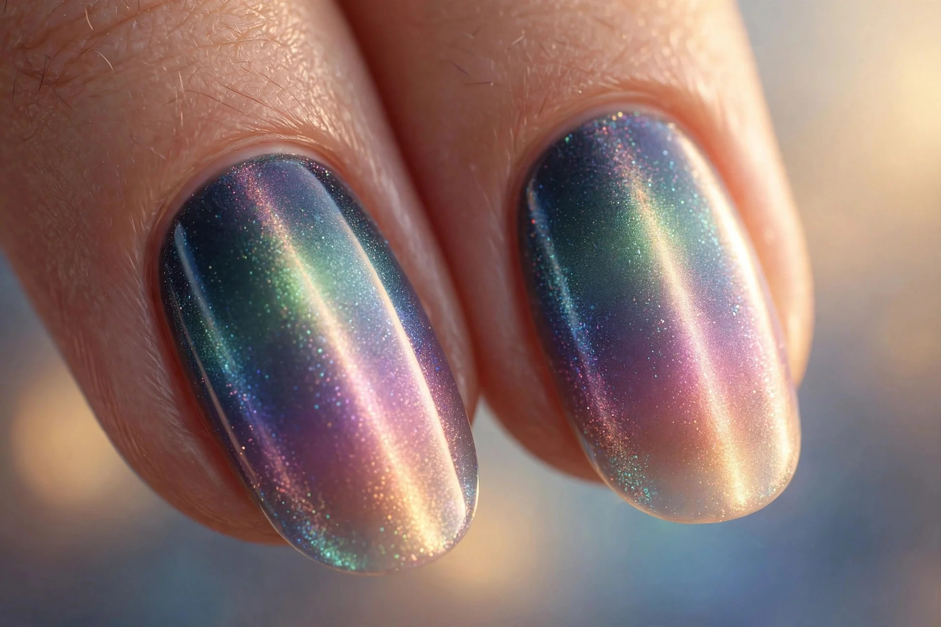 Extreme macro of two long fingernails with ombr&eacute; aurora cat-eye fading dark to light with diffused magnetic glow, dawn effect
