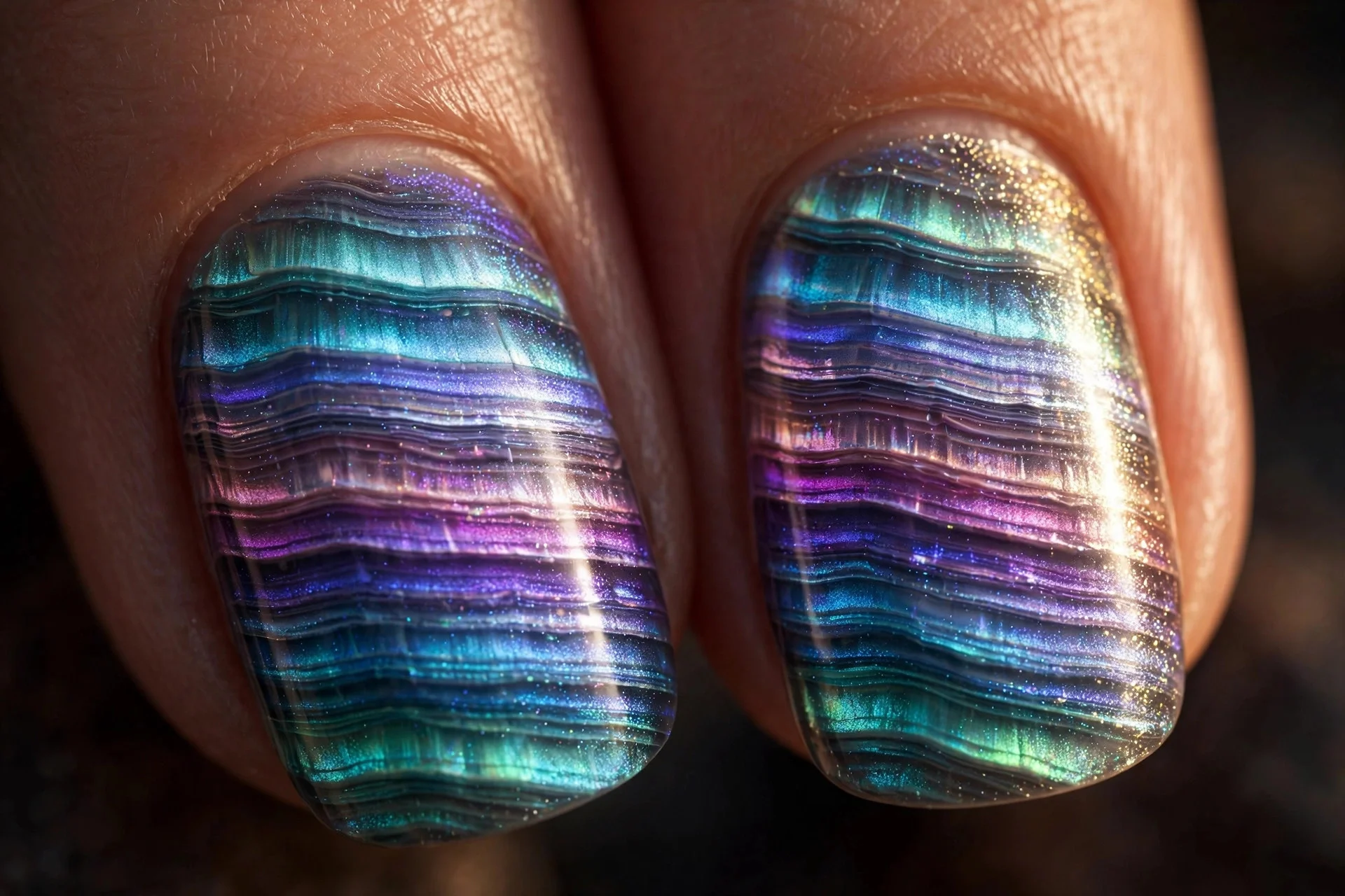 Extreme macro of two fingernails in layered aurora cat-eye gel showing visible dimensional strata of magnetic shimmer