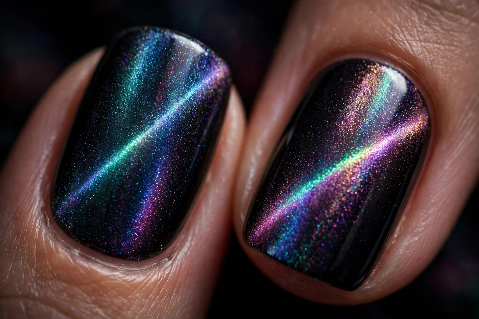 Extreme macro of two fingernails in aurora cat-eye over an opaque black base, glowing zones igniting against the dark
