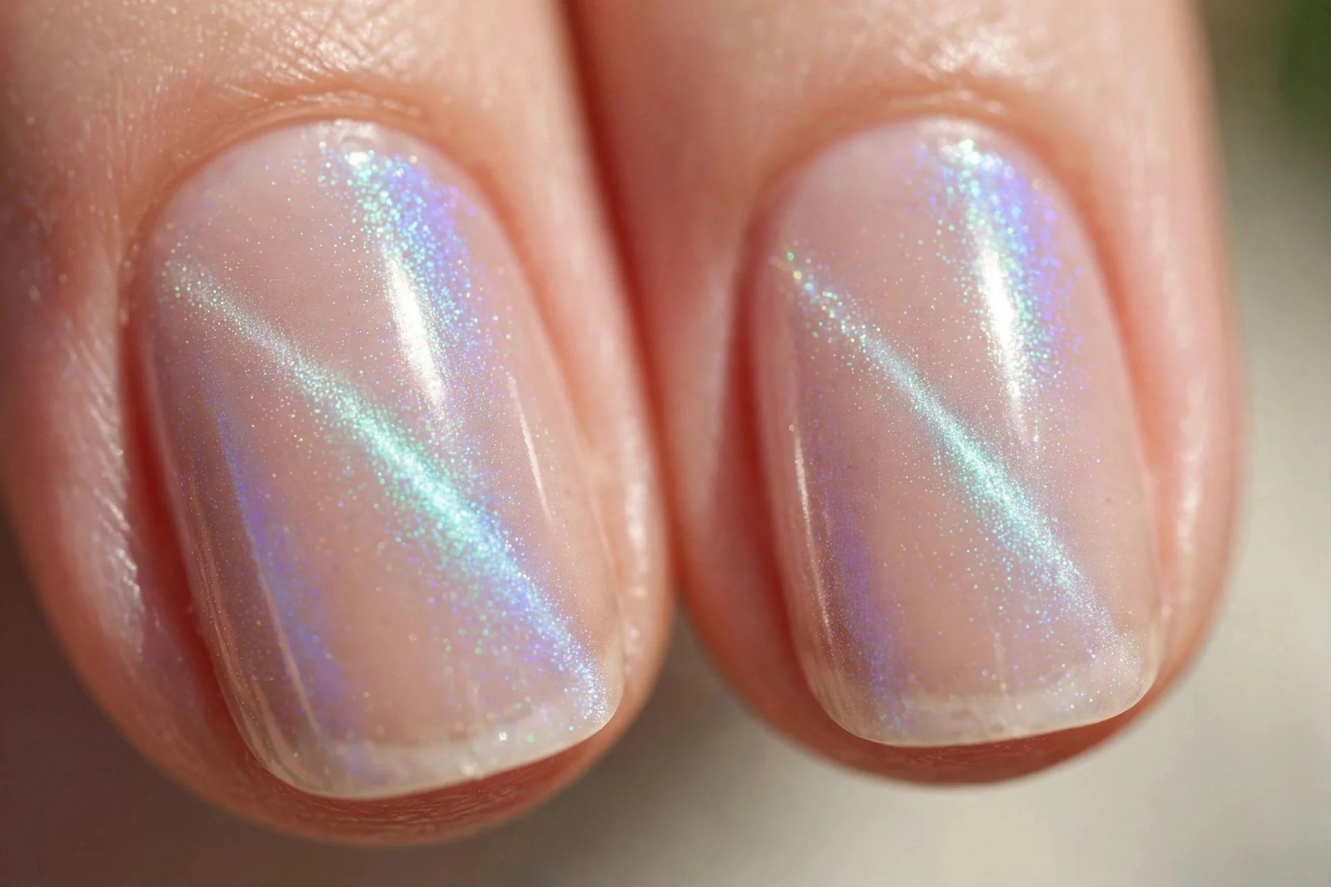Extreme macro of two fingernails in sheer nude with a subtle aurora cat-eye glow, delicate daytime finish