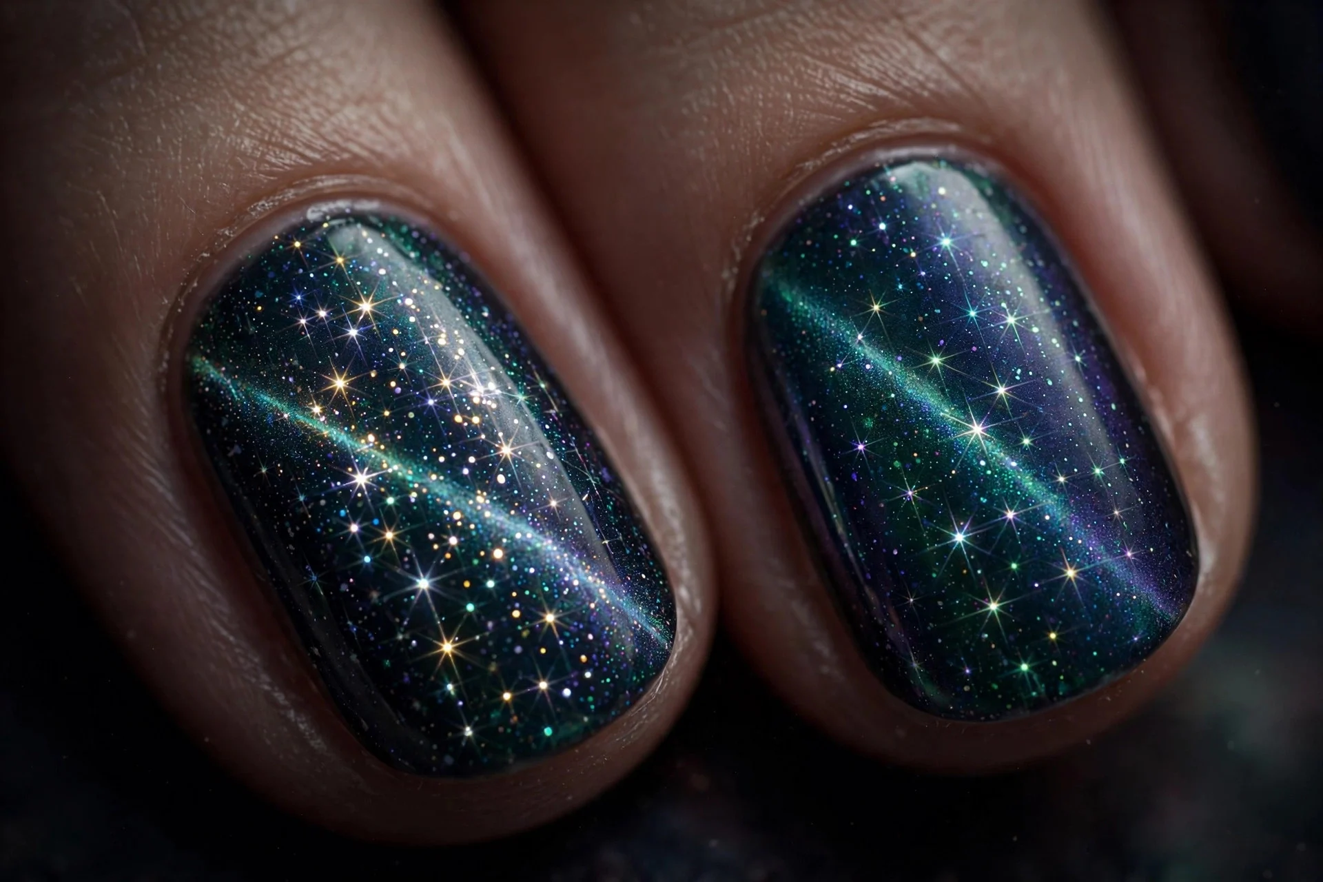 Extreme macro of two fingernails in aurora cat-eye gel with starburst points of concentrated shimmer like a constellation