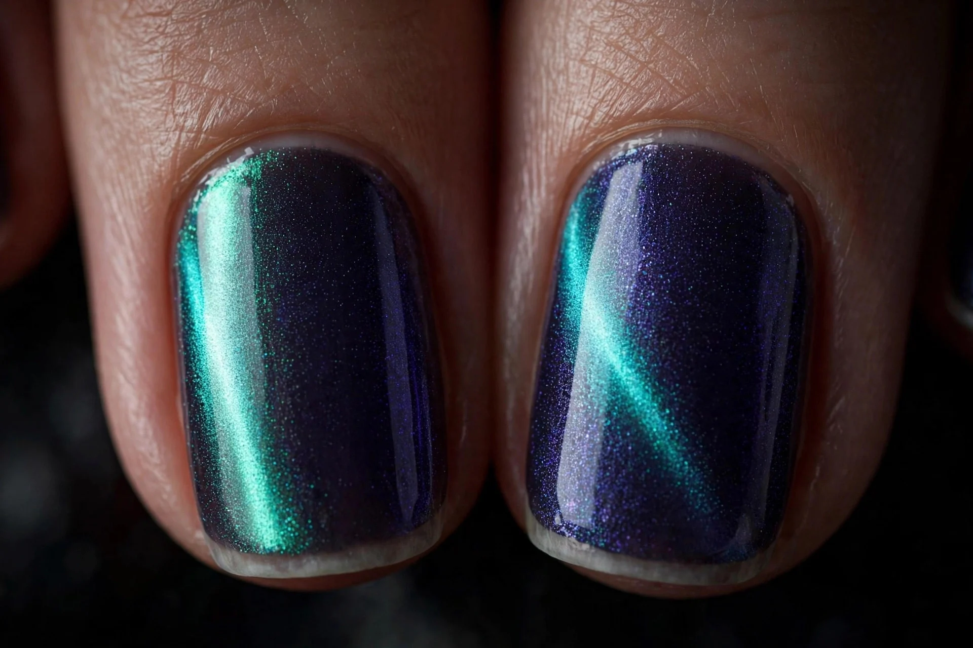 Extreme macro of two fingernails in aurora cat-eye gel with a soft diagonal slash of shimmer, dynamic angled effect