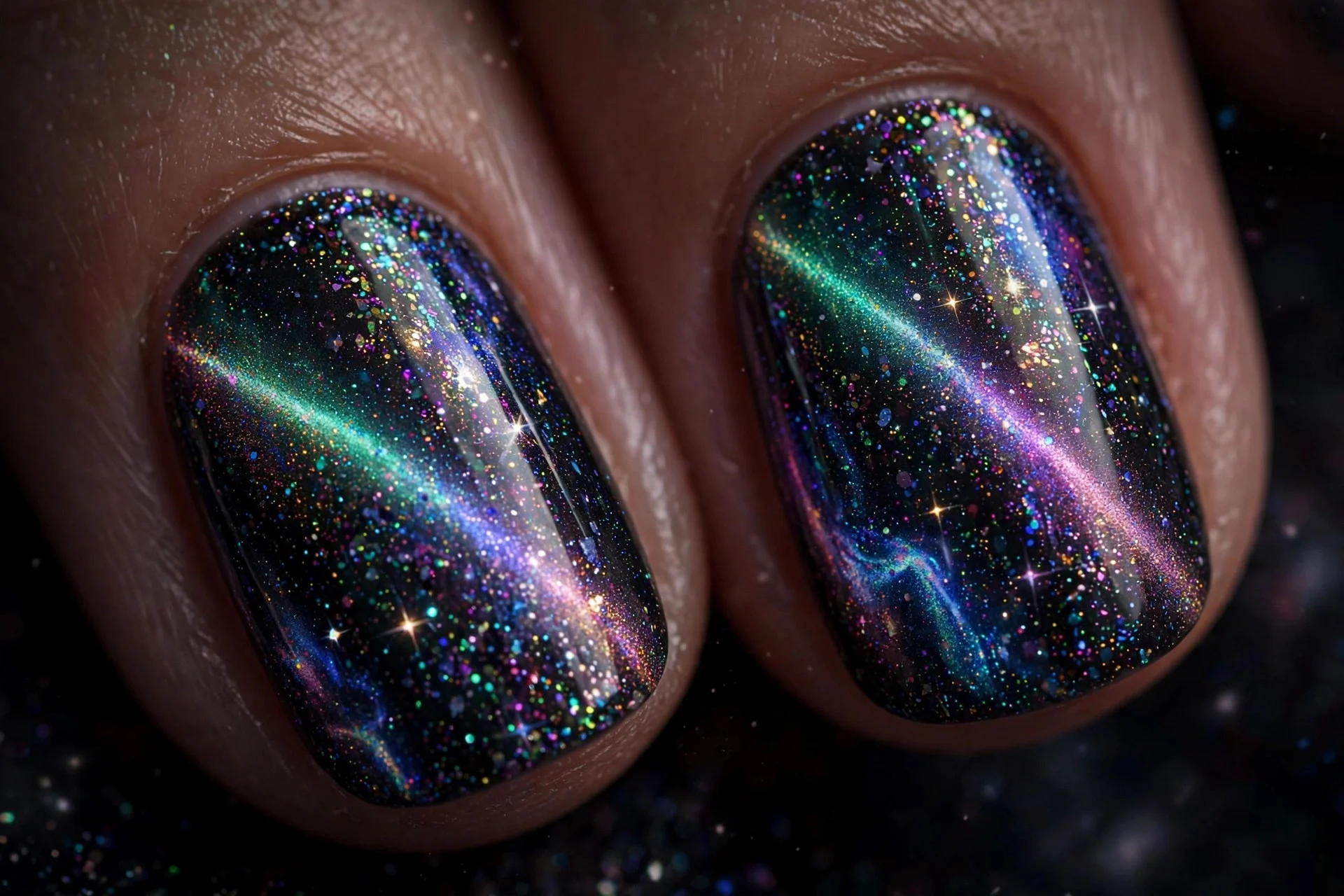 Extreme macro of two fingernails in full-coverage galaxy aurora cat-eye with multiple color shifts and starbursts, maximalist