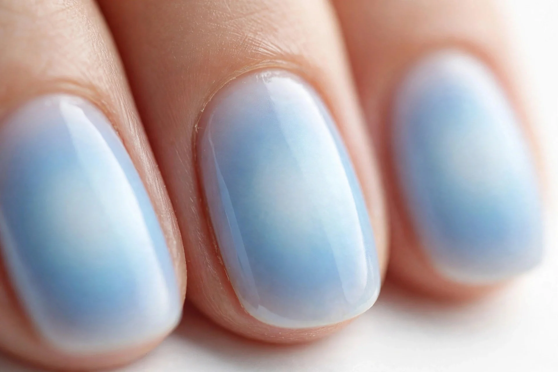 Baby-blue aura nails with soft colour blooming from the centre, glossy, white background