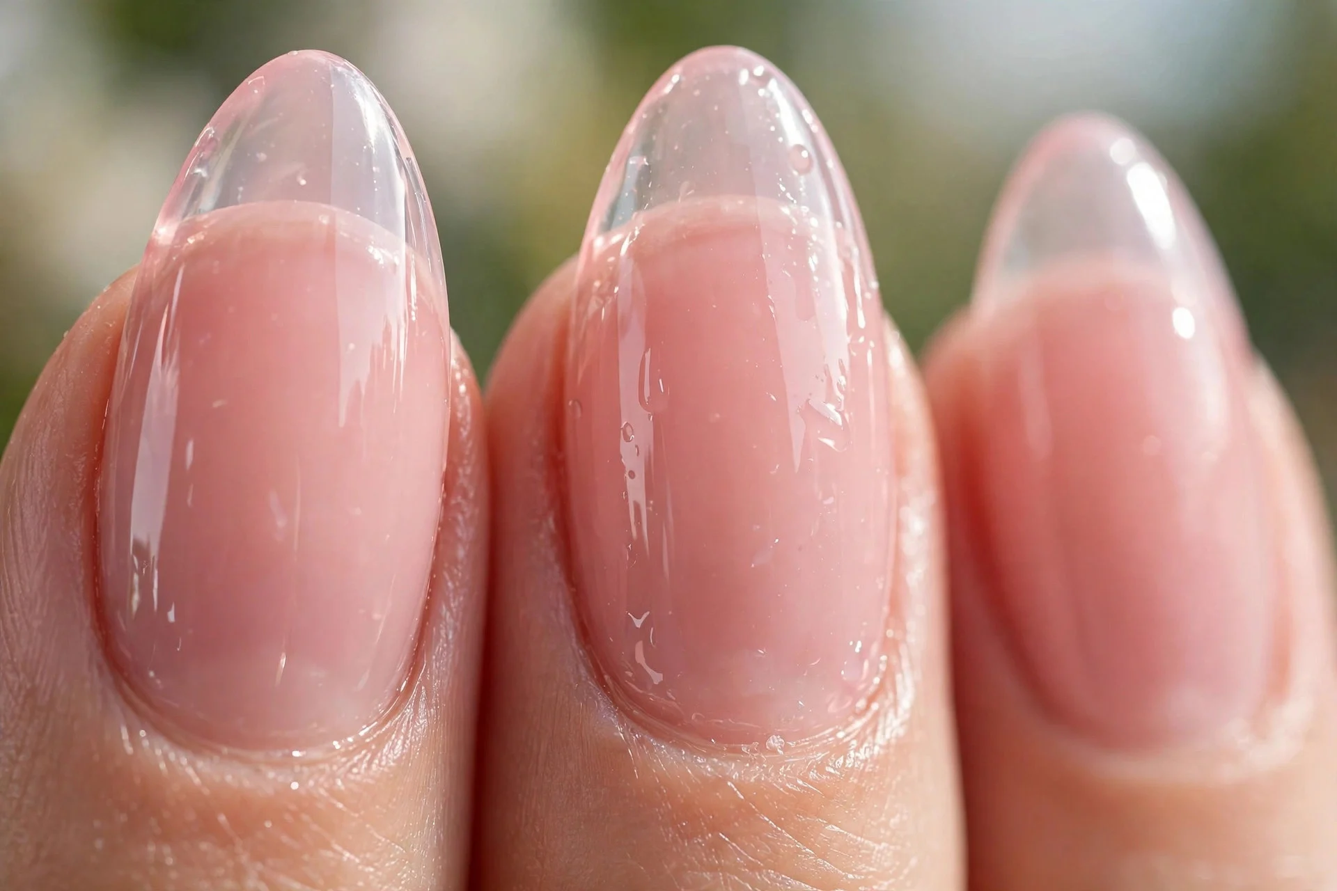 Translucent blush pink jelly nails with a juicy glossy finish, almond shape
