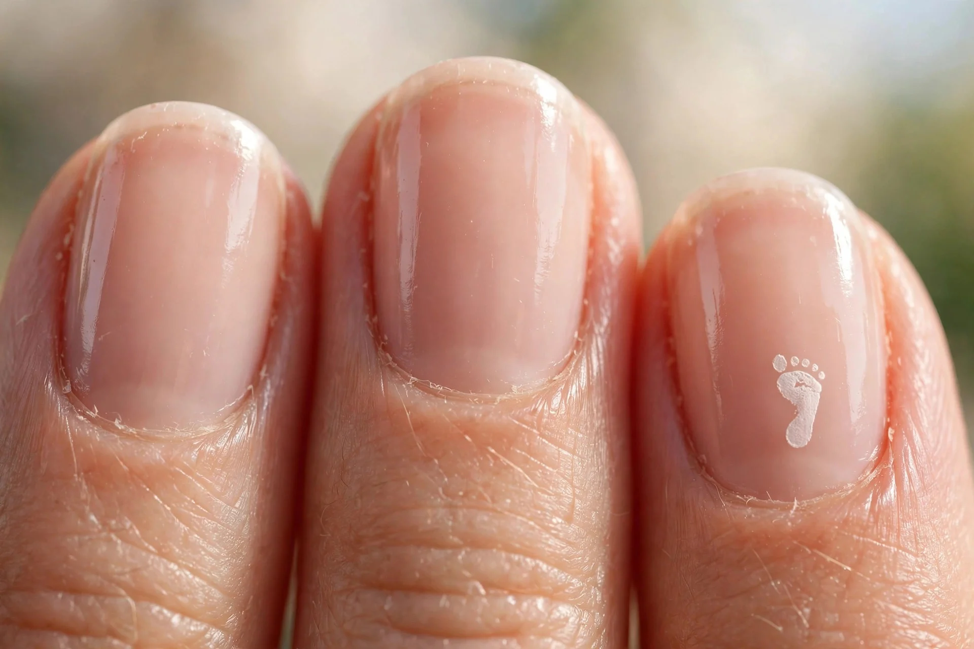 Nude nails with a tiny white footprint stamped on the ring finger, glossy