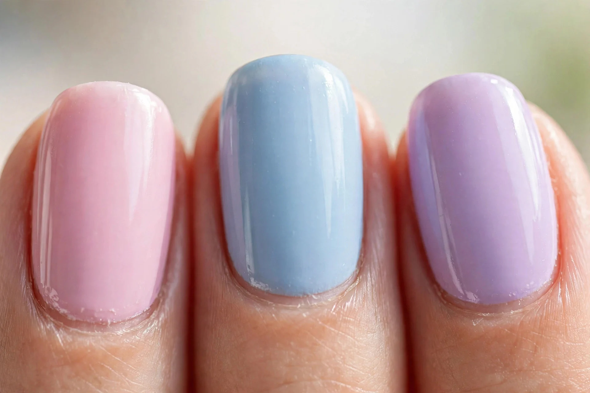 Five pastel shades, one per nail, in pink blue lilac mint and yellow, glossy