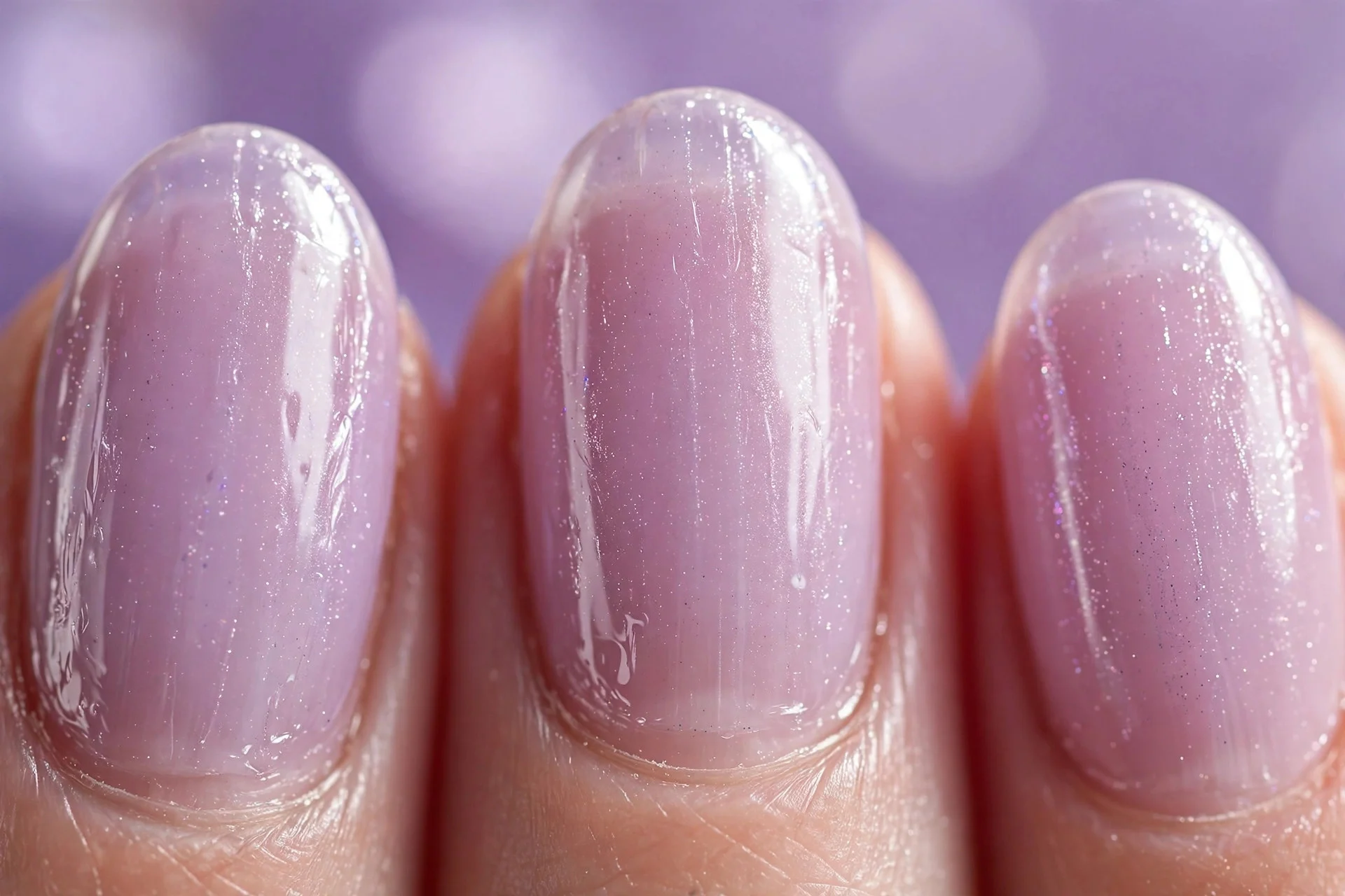 Sheer lilac nails with fine shimmer, glossy gel-like finish, lavender background