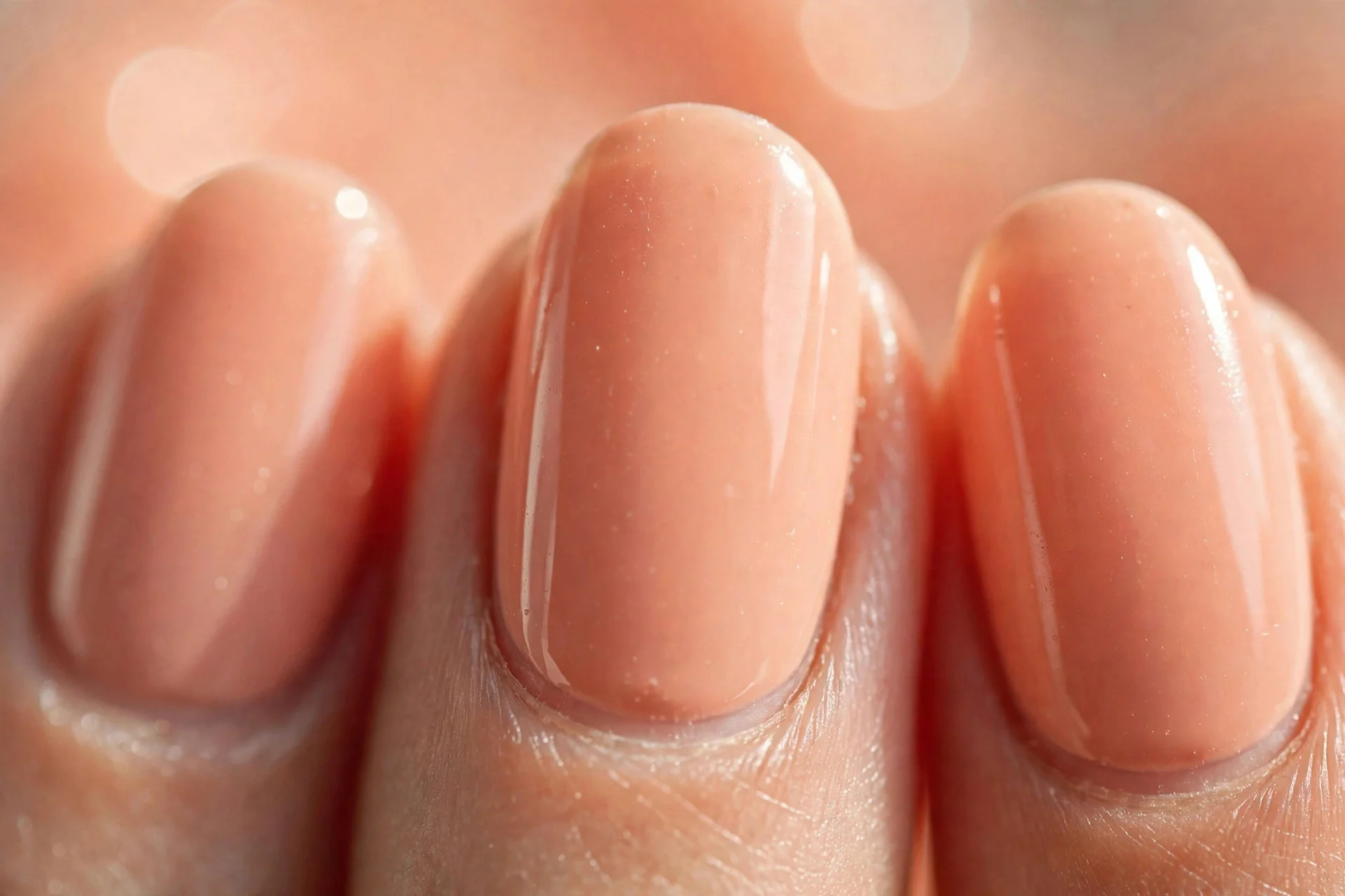 Warm peach crème polish on medium almond nails, glossy, peach background