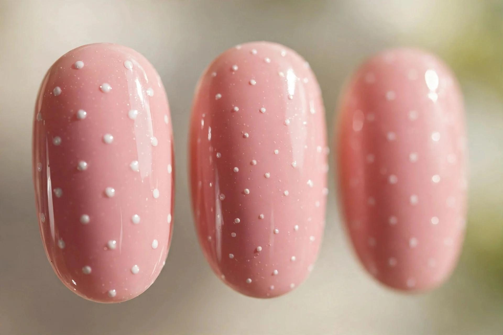 Blush pink nails with tiny white polka dots, glossy, playful styling