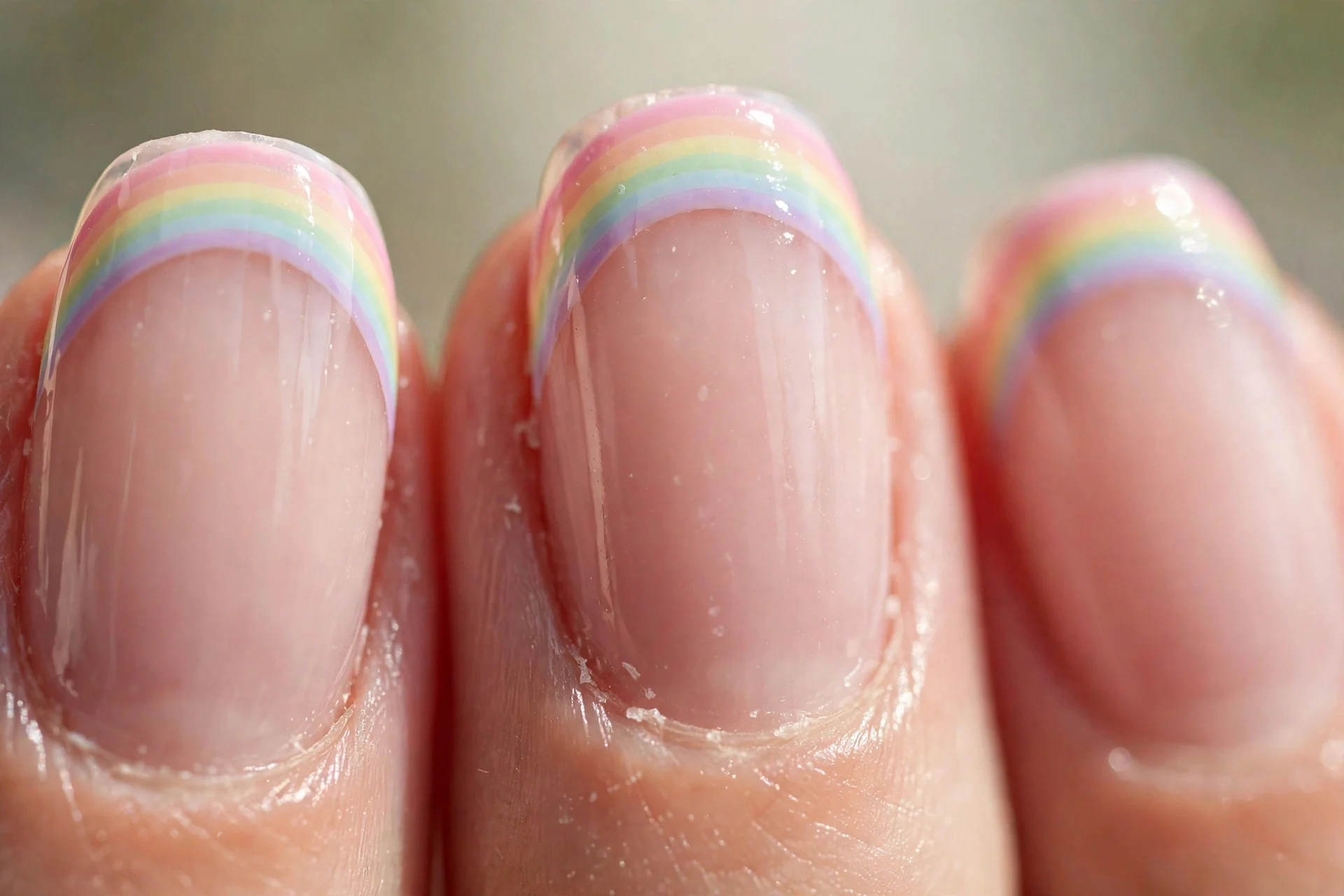 French tips with a pastel rainbow arched over each tip, sheer base, glossy