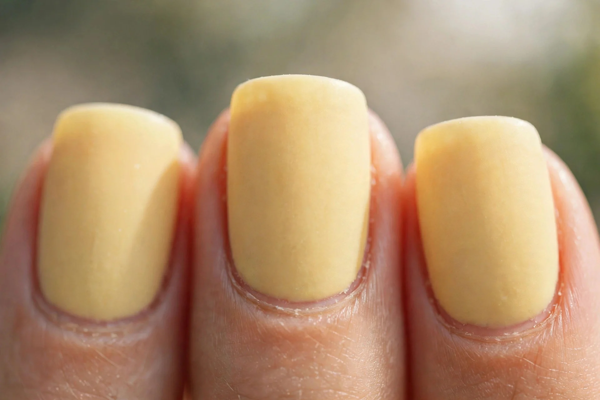 Butter yellow crème nails with a soft matte satin finish, short square shape
