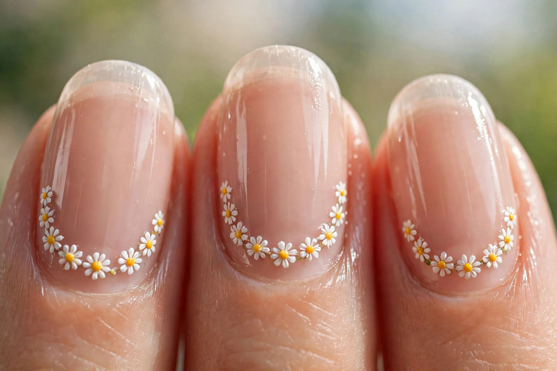 Sheer nude nails with tiny hand-painted daisies circling each cuticle, glossy