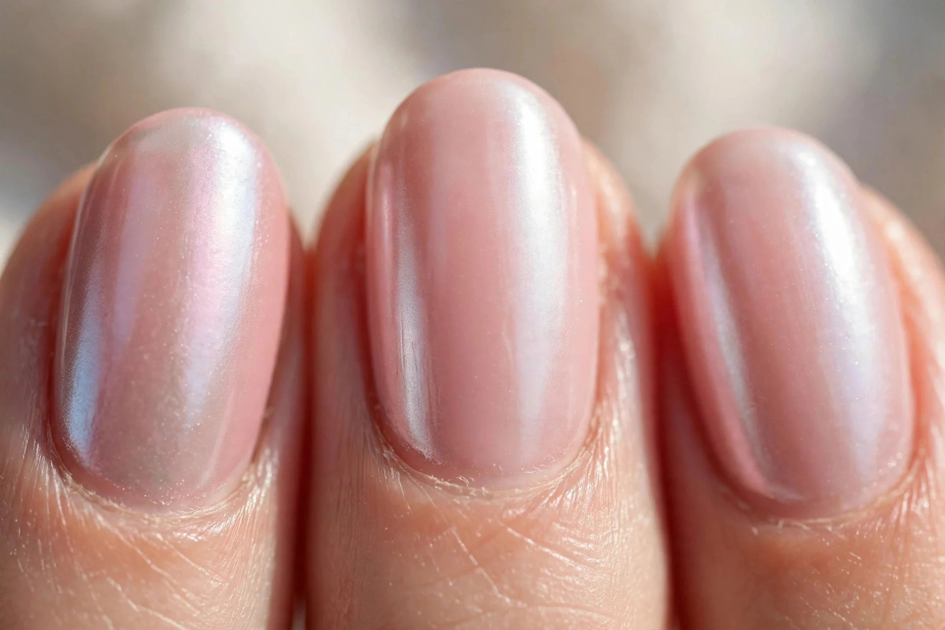 Blush pink nails with pearl chrome glow, lit-from-within shine, glossy