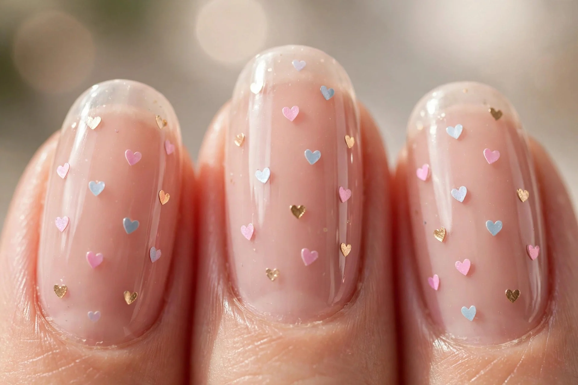 Sheer nude nails with tiny scattered hearts in pastel pink blue and gold, glossy