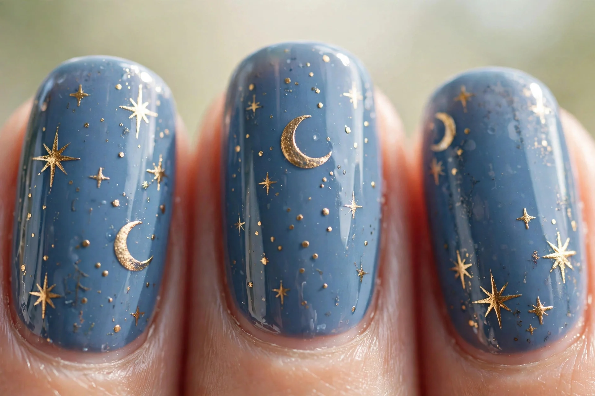 Dusty blue nails with hand-painted gold moons and stars, glossy, night-sky styling