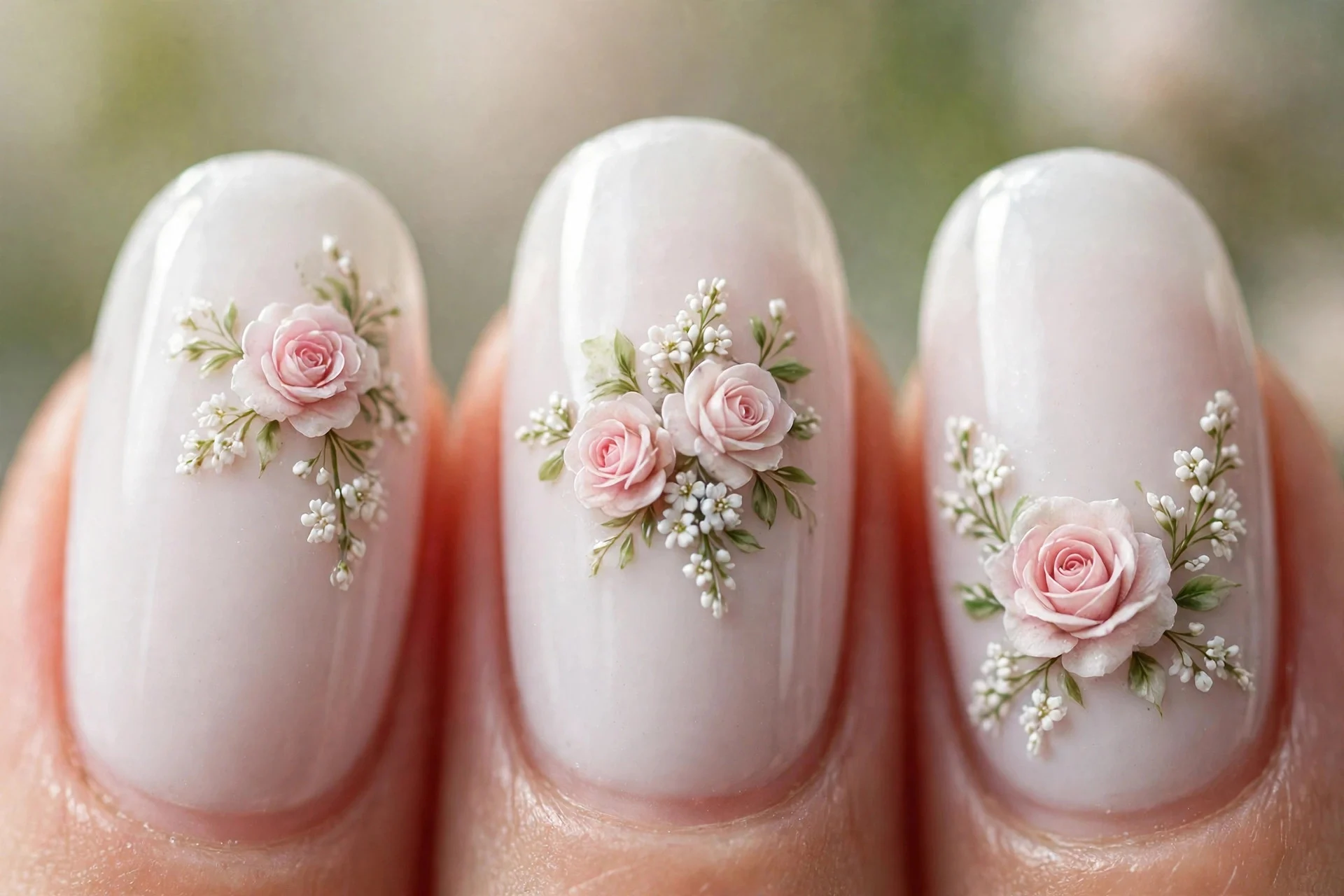 Milky white nails with hand-painted roses and baby's-breath florals, glossy, elegant styling