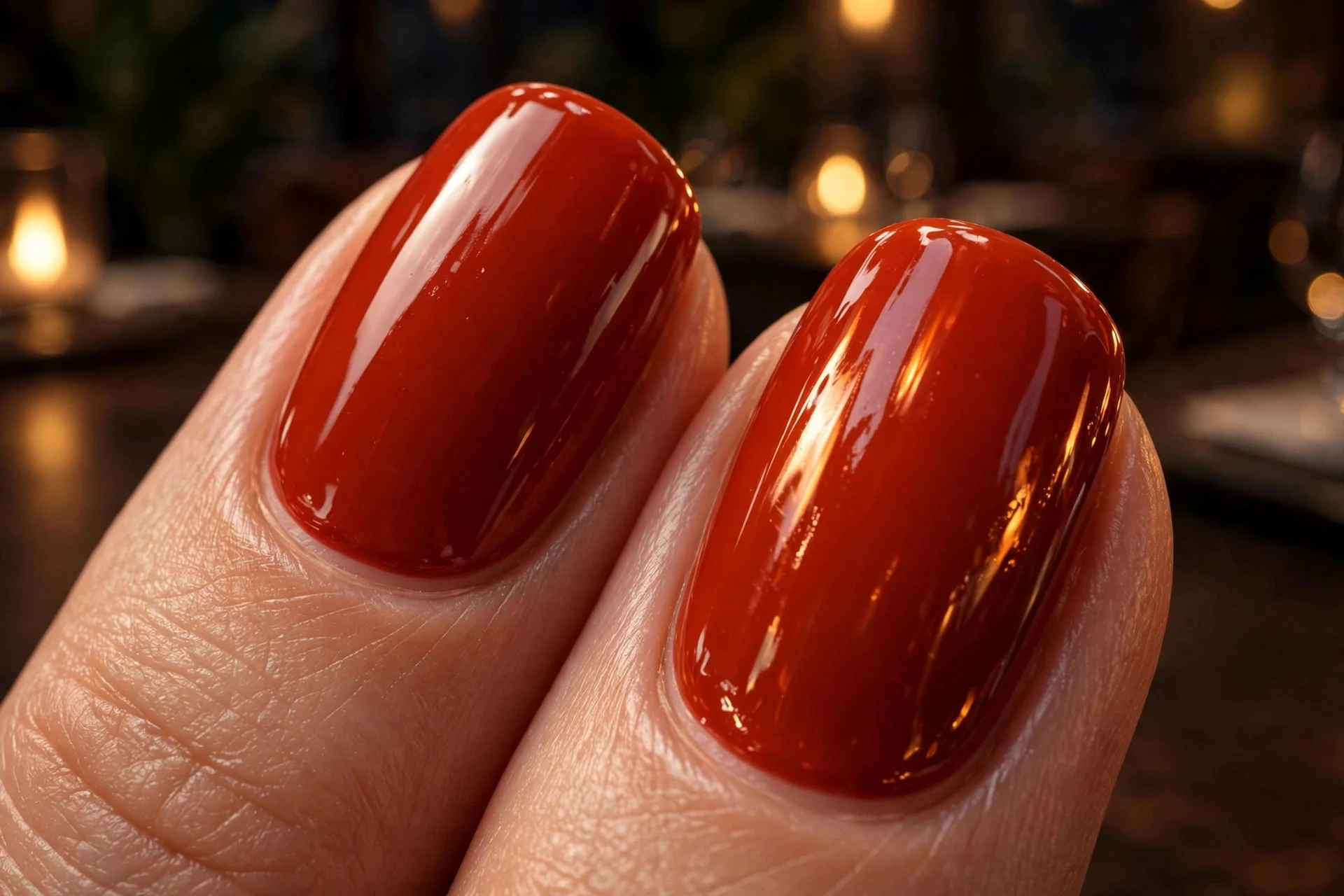 Extreme macro of two almond-shaped fingernails in glossy deep blood orange crème polish, candlelight glow reflecting on the s