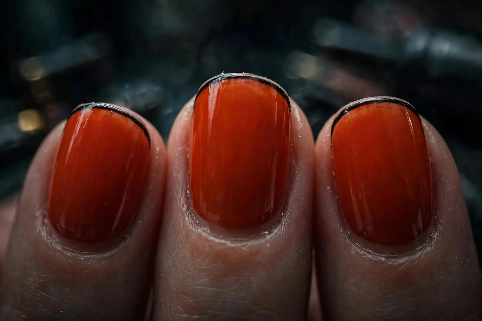 Extreme macro of three fingernails with blood orange base and ultra-thin black micro-French tips, moody low light, blurred ba