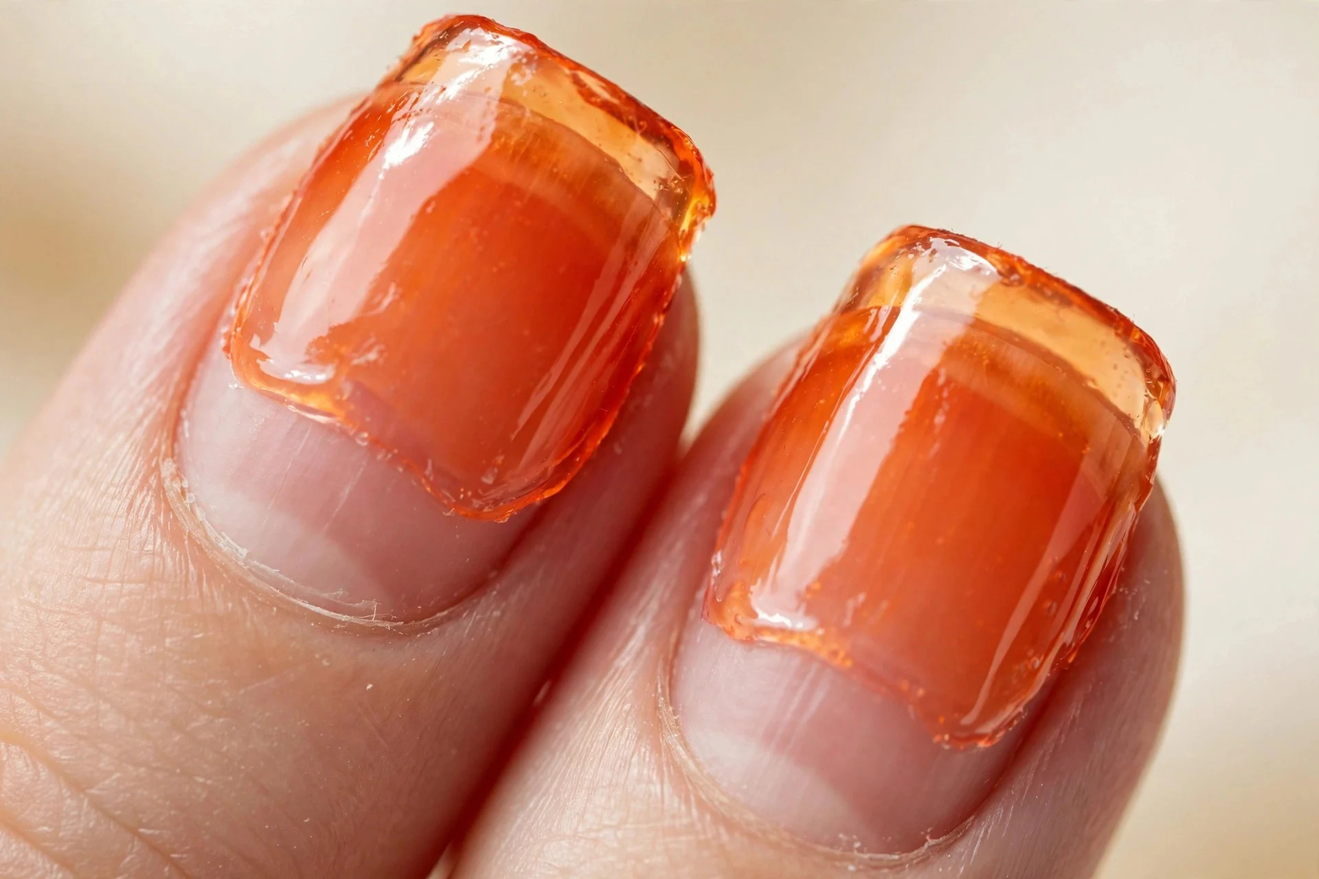 Extreme macro of two fingernails in sheer translucent blood orange jelly polish, natural nail visible beneath, soft daylight,