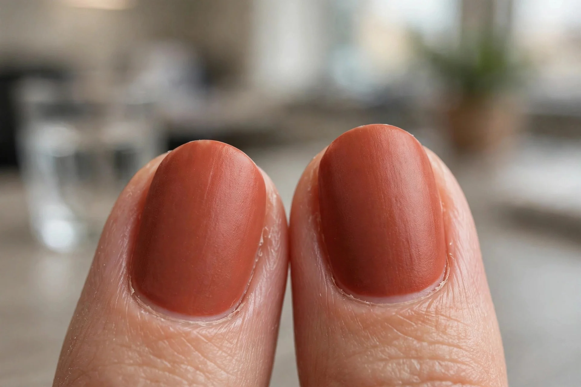 Extreme macro of two short oval fingernails in muted terracotta blood orange polish with satin finish, neutral office backgro