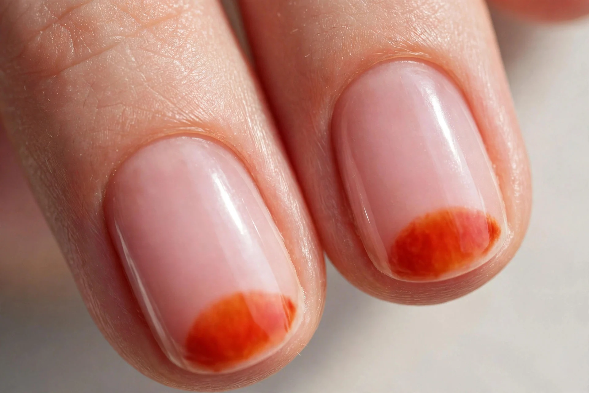 Extreme macro of two fingernails with sheer pink base and blood orange half-moon at the cuticle, clean minimal styling, soft