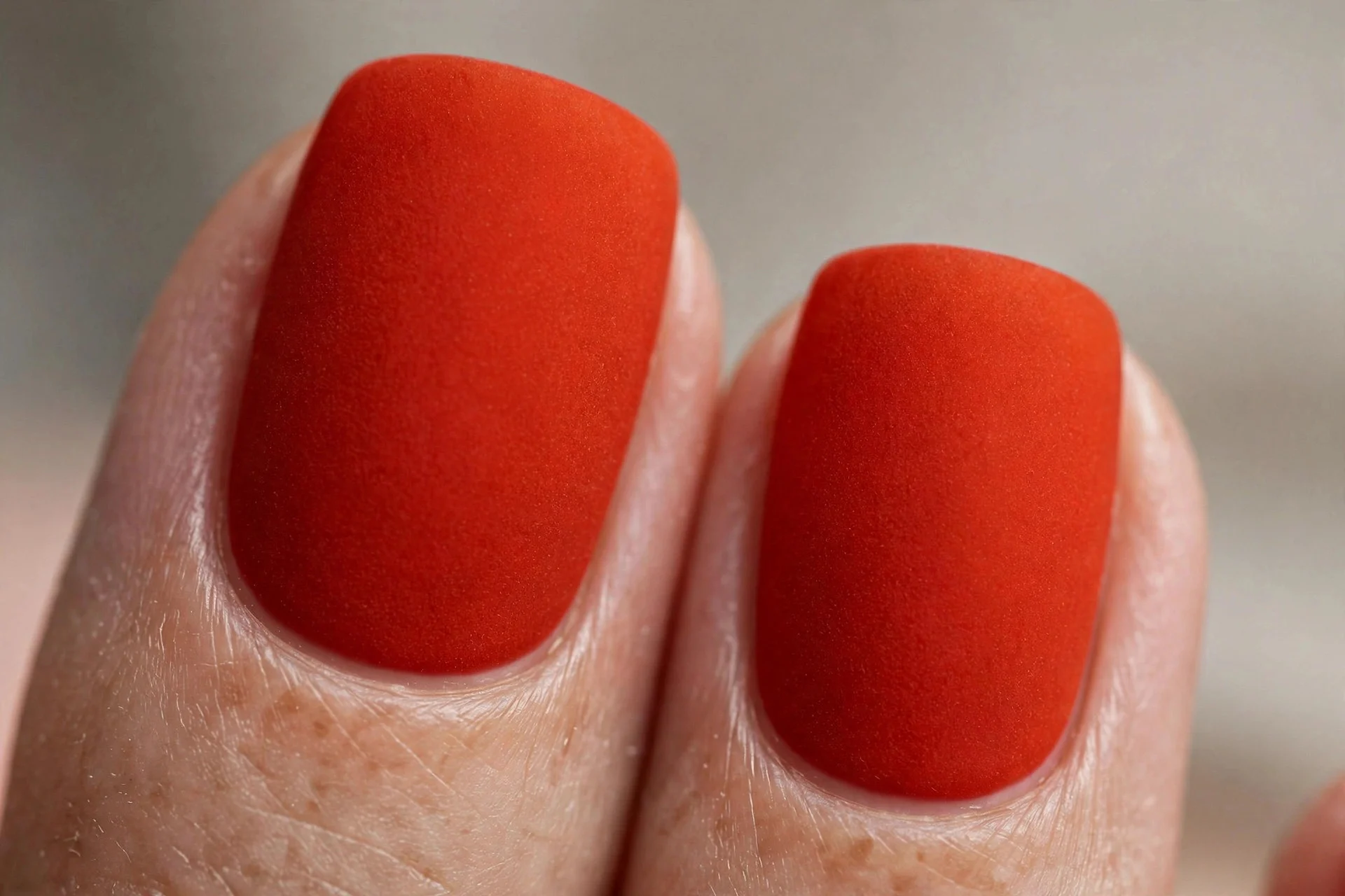 Extreme macro of two squoval fingernails in matte blood orange polish, velvety texture visible, blurred neutral background