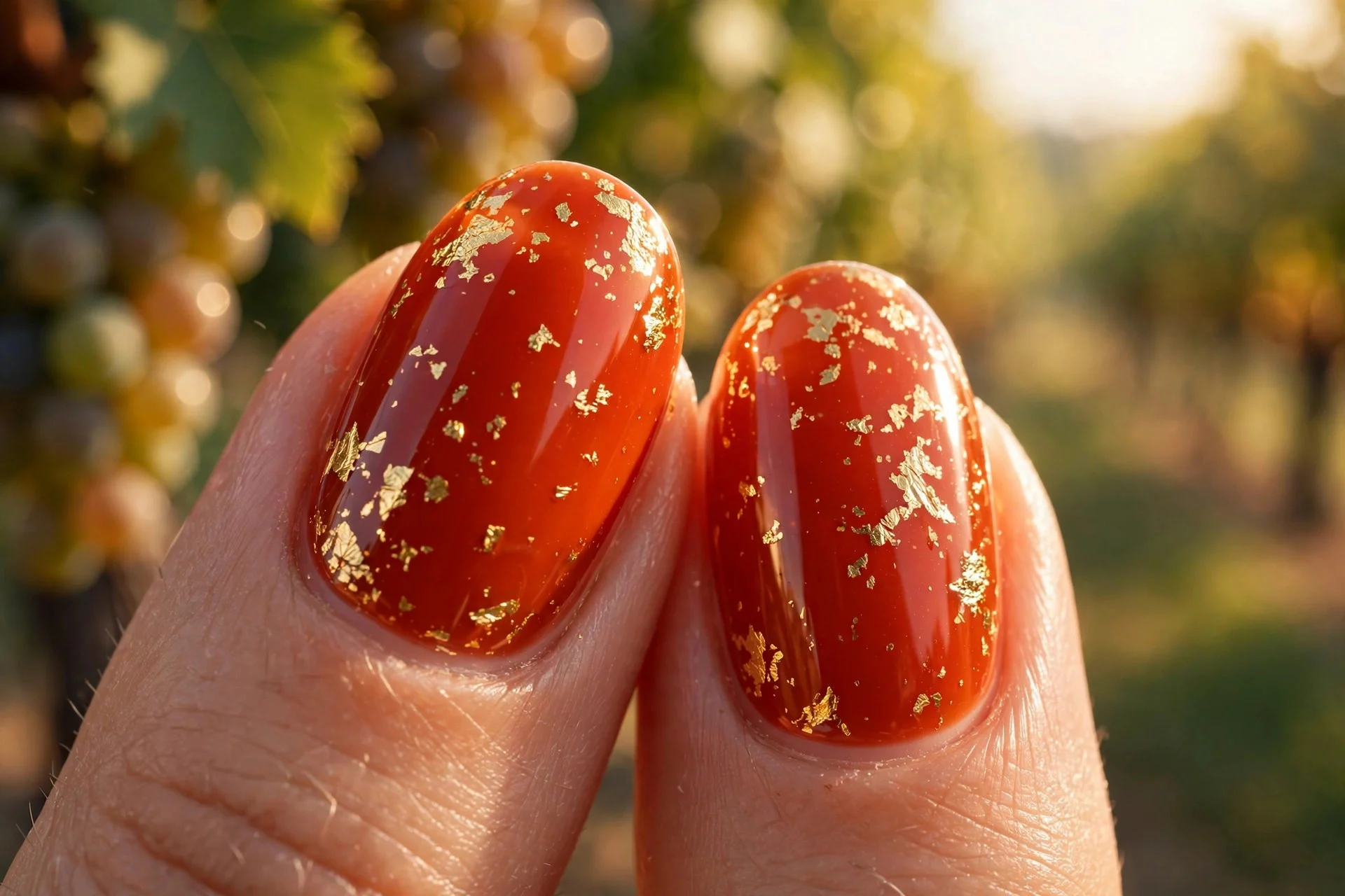 Extreme macro of two almond fingernails in glossy blood orange with delicate gold foil flakes, warm sunlight, blurred vineyar