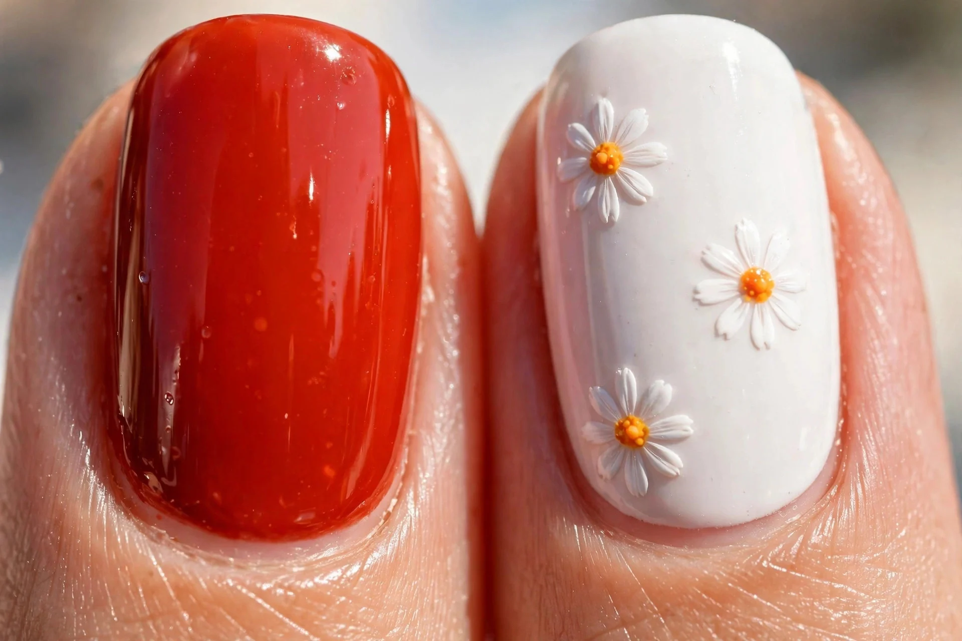 Extreme macro of two fingernails, one glossy blood orange and one white with tiny hand-painted daisies with orange centers, b