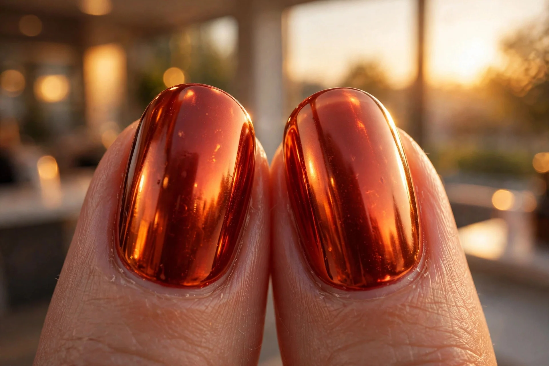 Extreme macro of two fingernails in molten blood orange chrome with mirror-like reflective finish, golden hour glow